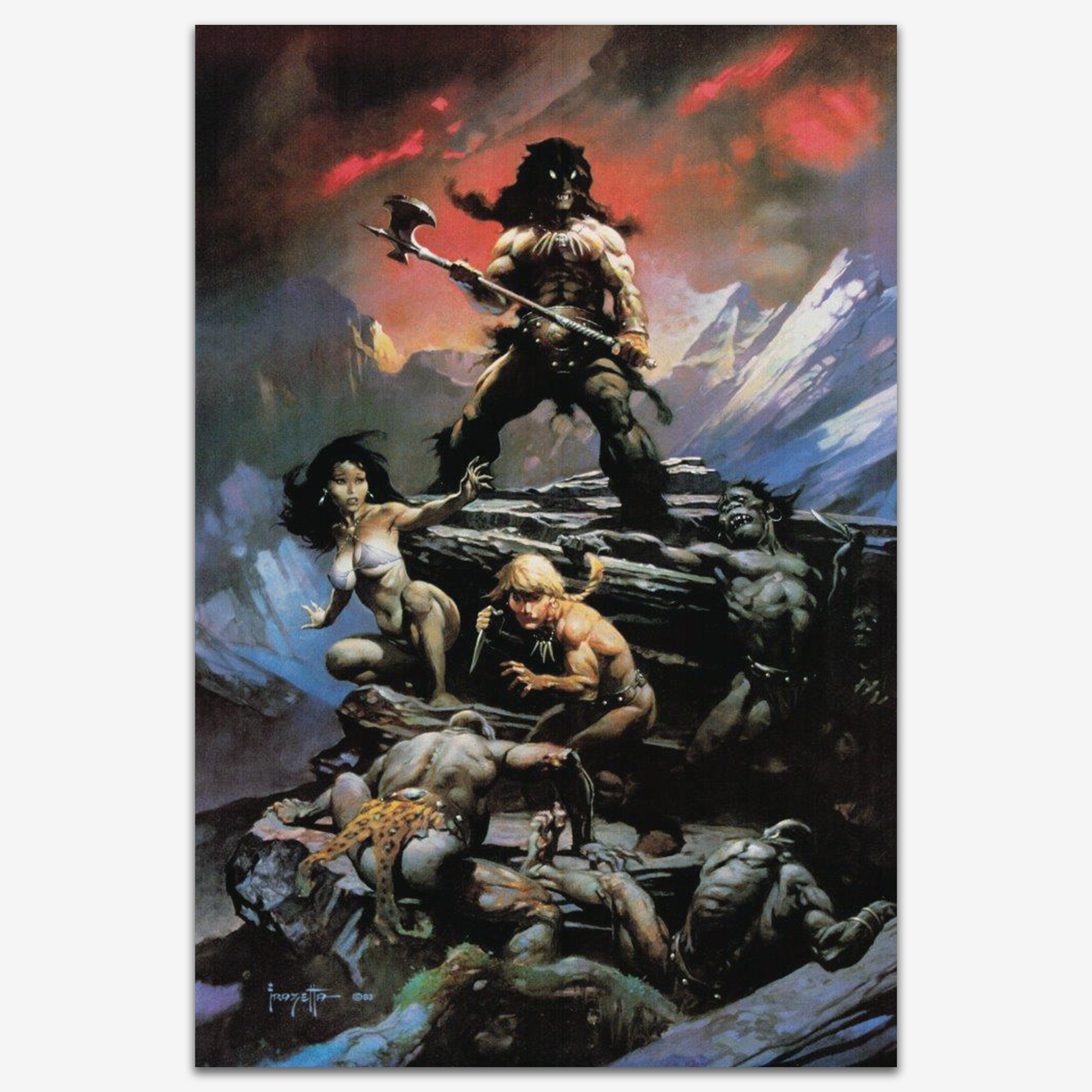 A vintage print of Fire and Ice by Frank Frazetta, depicting a fierce battle scene atop a snowy mountain, featuring warriors locked in combat against a burning sky.