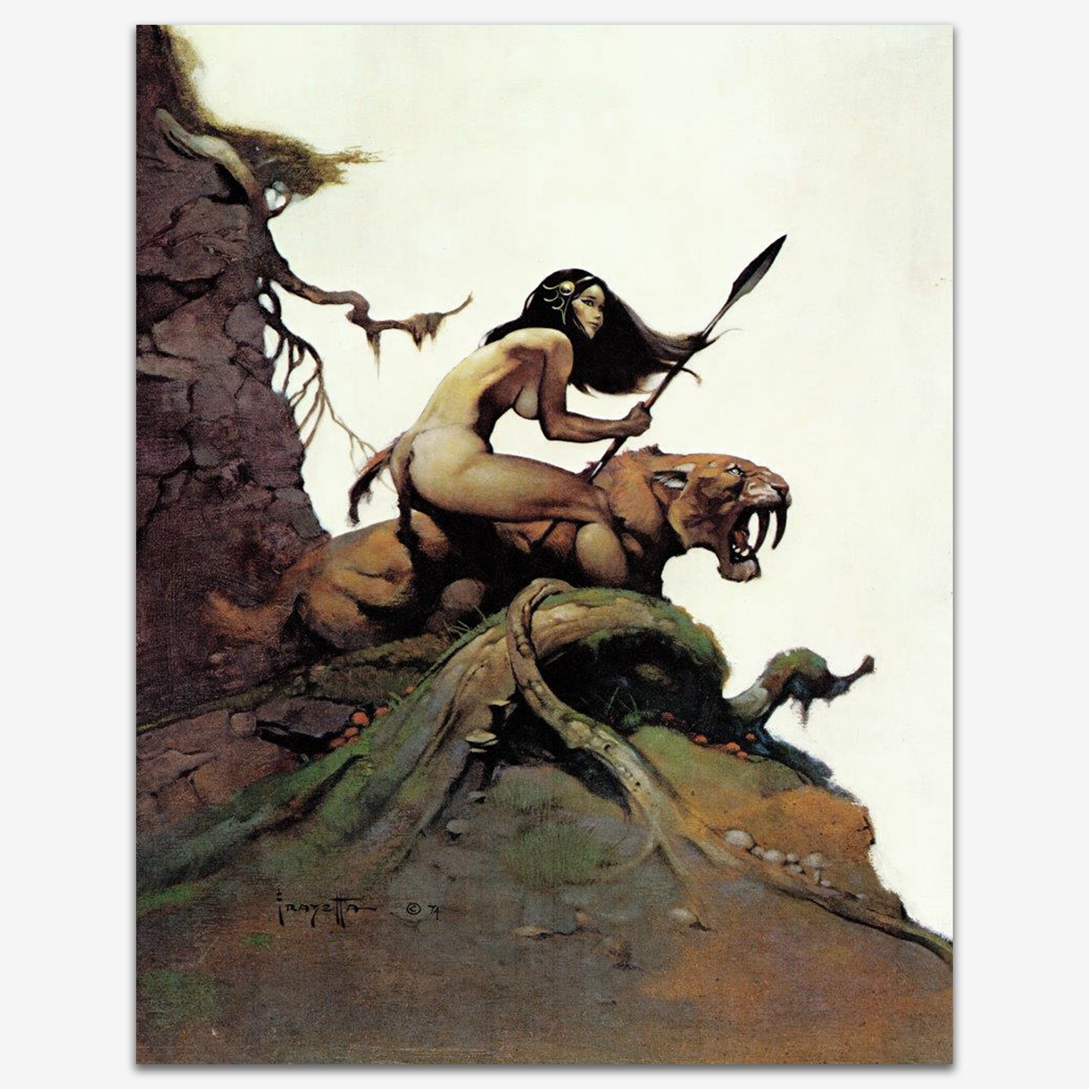 A vintage print of Savage Pellucidar by Frank Frazetta, depicting a fierce warrior woman atop a prehistoric beast, set in a rugged, primeval landscape.