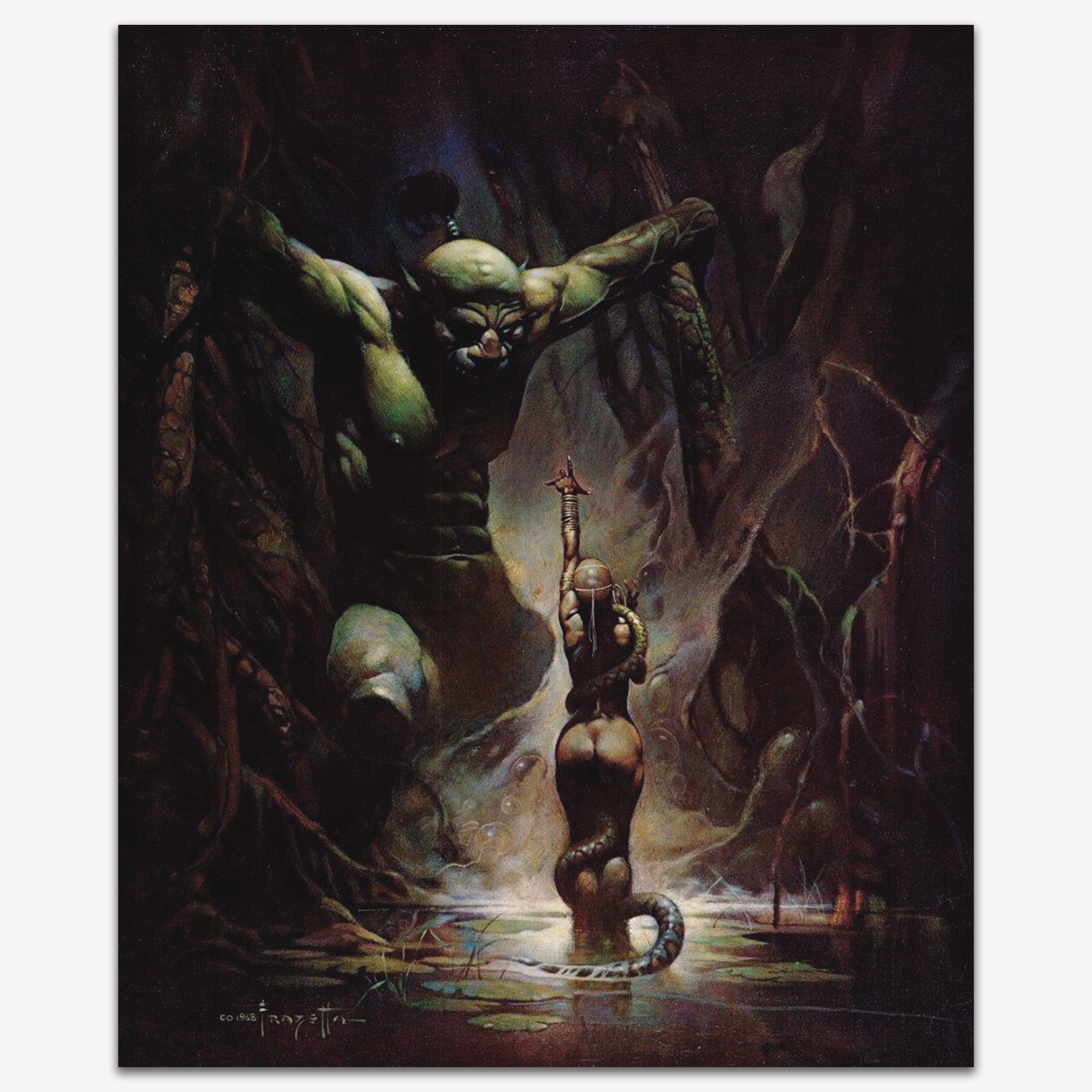 A vintage print of Swamp Demon by Frank Frazetta, depicting a towering, monstrous creature emerging from the shadows, confronting a fearless warrior in a dark, eerie swamp.