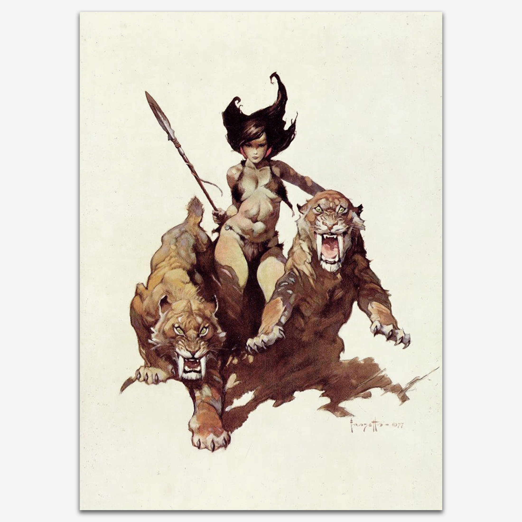 A vintage print of The Huntress by Frank Frazetta, depicting a fierce warrior woman in between two large saber-toothed cats, poised for battle.