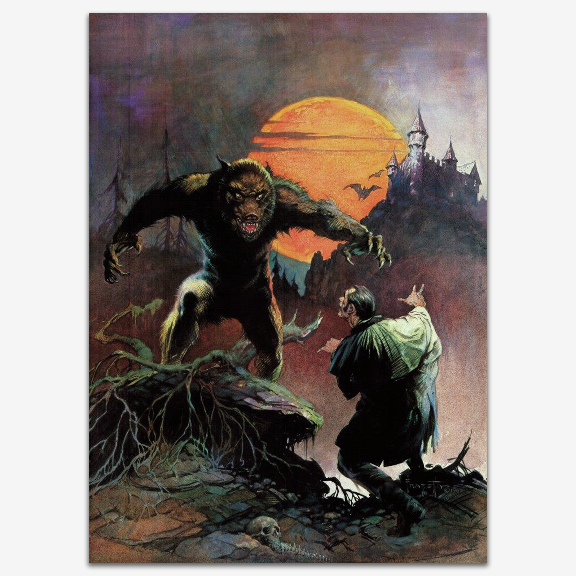 A vintage print of Wolfman by Frank Frazetta, featuring a dark, eerie scene of a werewolf emerging under a glowing full moon