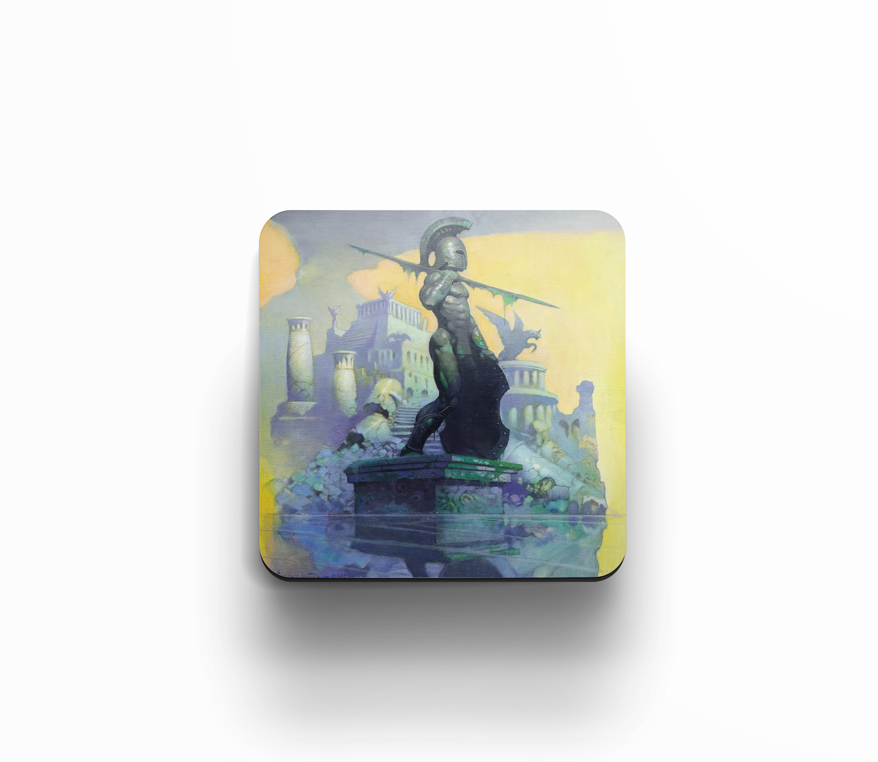 Acrylic coaster featuring Frank Frazetta’s painting of a warrior standing on a pedestal with a spear, set against the ruins of a mystical Atlantean city.