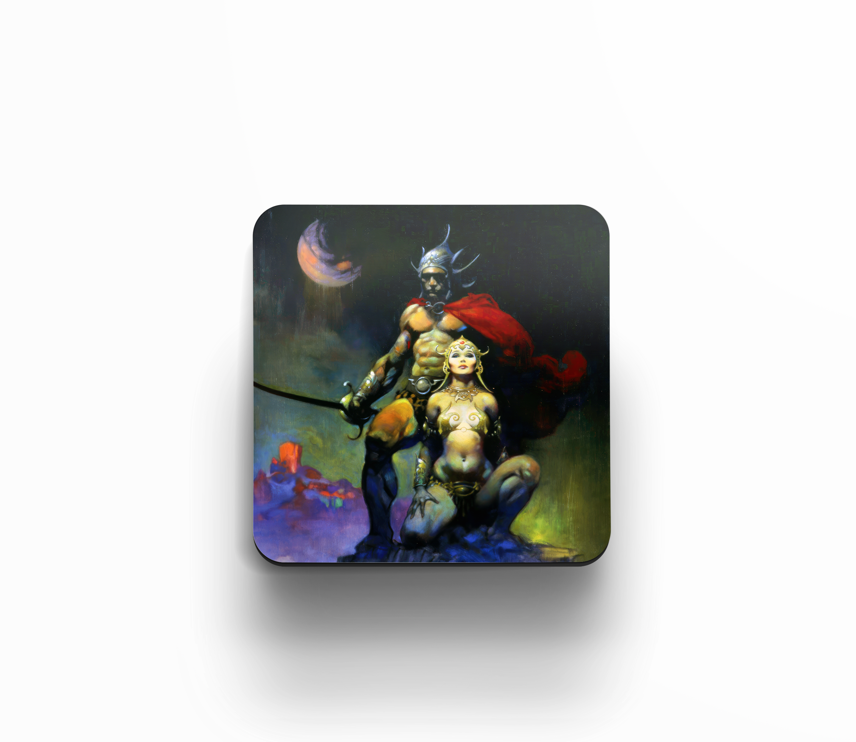 Acrylic coaster featuring Frank Frazetta’s Swordsman of Mars, with a warrior in horned helmet and red cape standing over a kneeling woman under a dark sky.