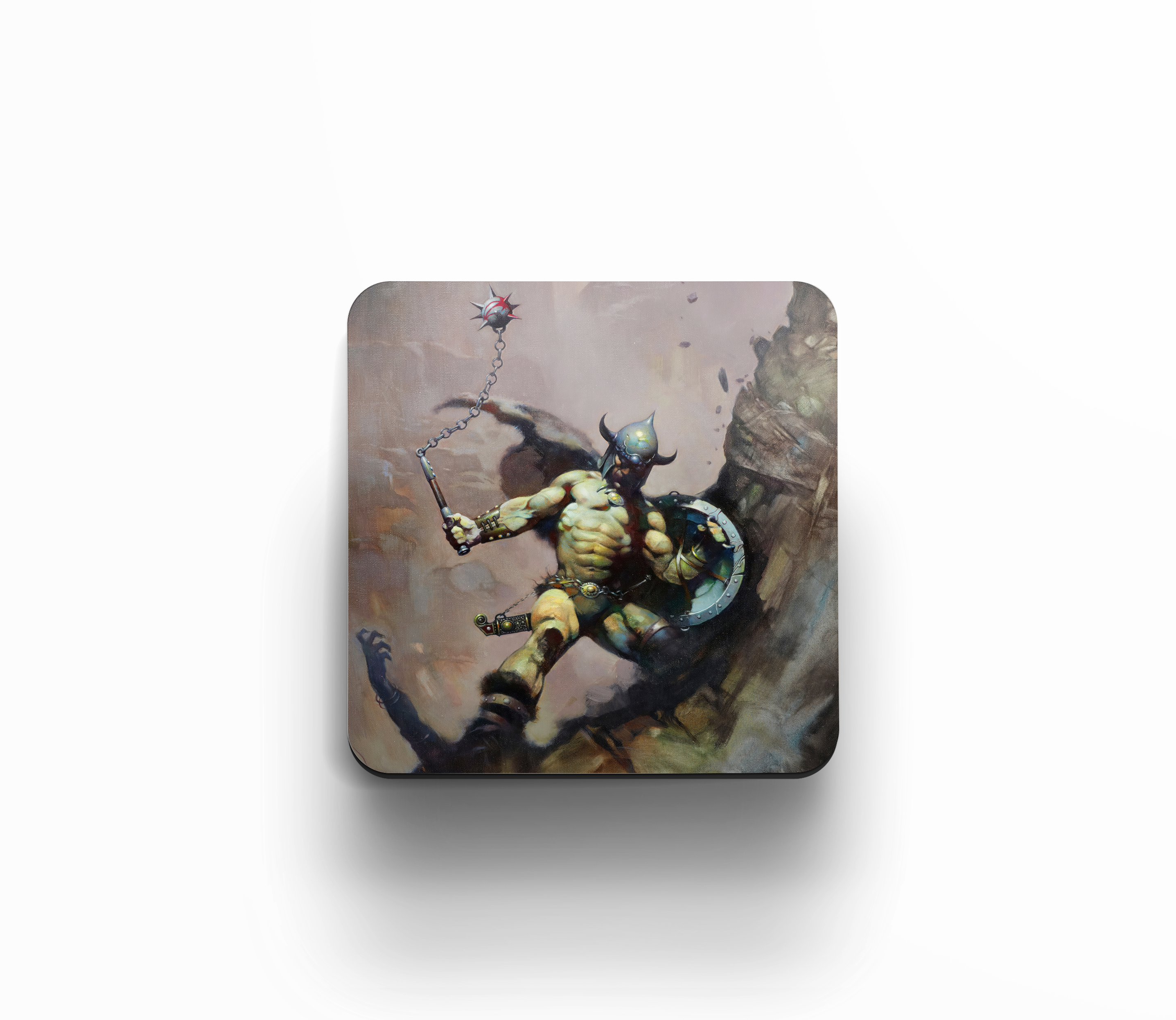 Acrylic coaster featuring Frank Frazetta’s painting of a horned warrior leaping into battle, wielding a flail and shield amidst a chaotic, rocky backdrop.