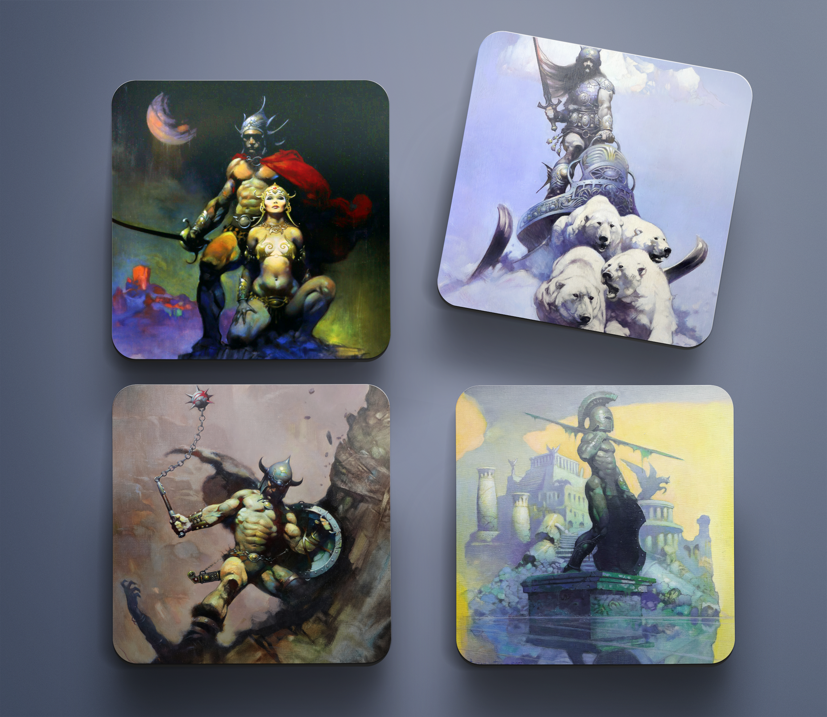 Acrylic coaster set featuring Frank Frazetta’s warrior artwork: Swordsman of Mars, Silver Warrior, Warrior Ball and Chain, and Atlantis displayed on a soft blue background.
