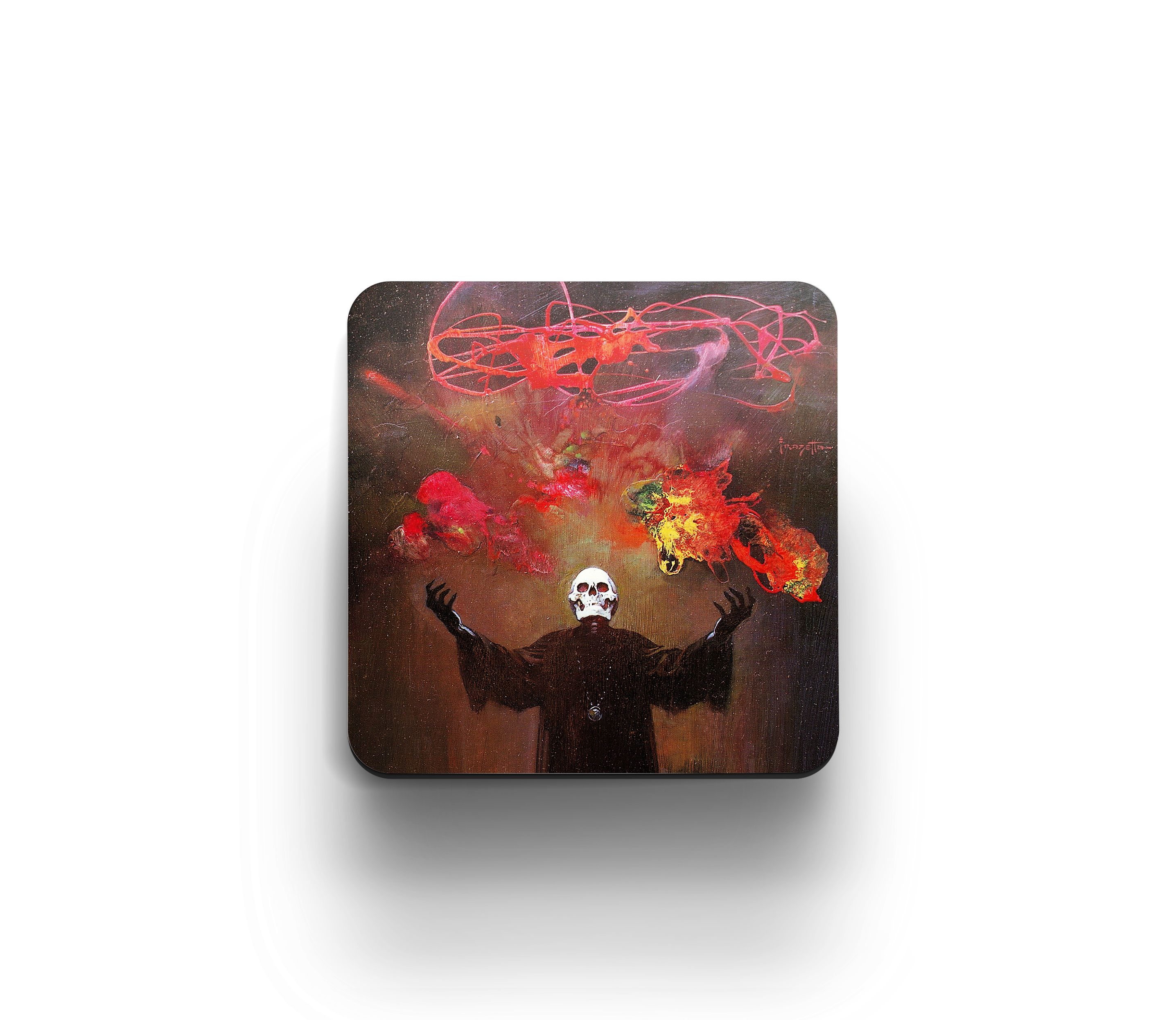Acrylic coaster featuring Frank Frazetta’s “Devil’s Generation,” showing a skull-faced figure conjuring vivid, swirling bursts of chaotic, fiery energy.