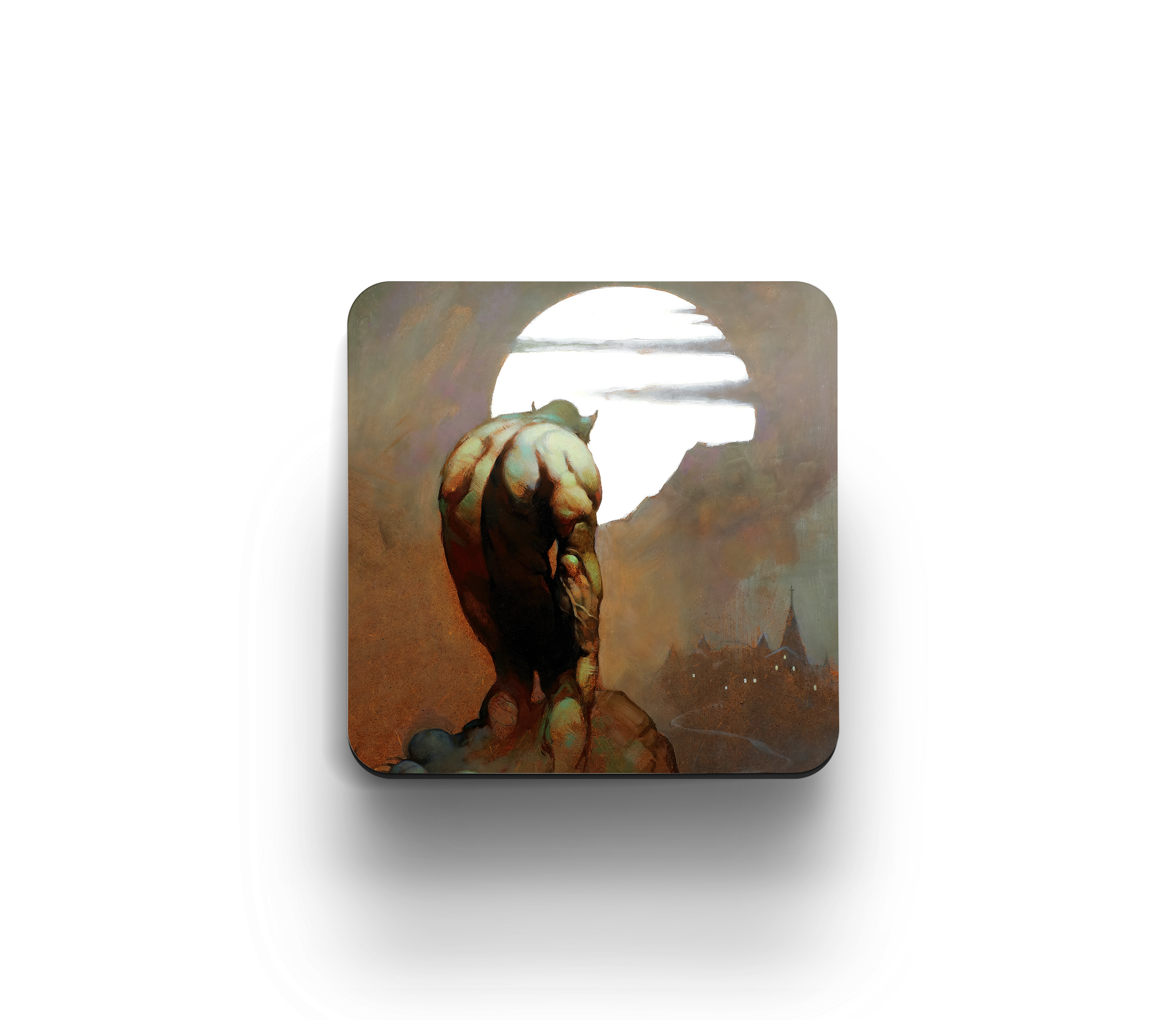 Acrylic coaster featuring Frank Frazetta’s “Night Stalker,” depicting a muscular figure overlooking a village under a glowing white moon.