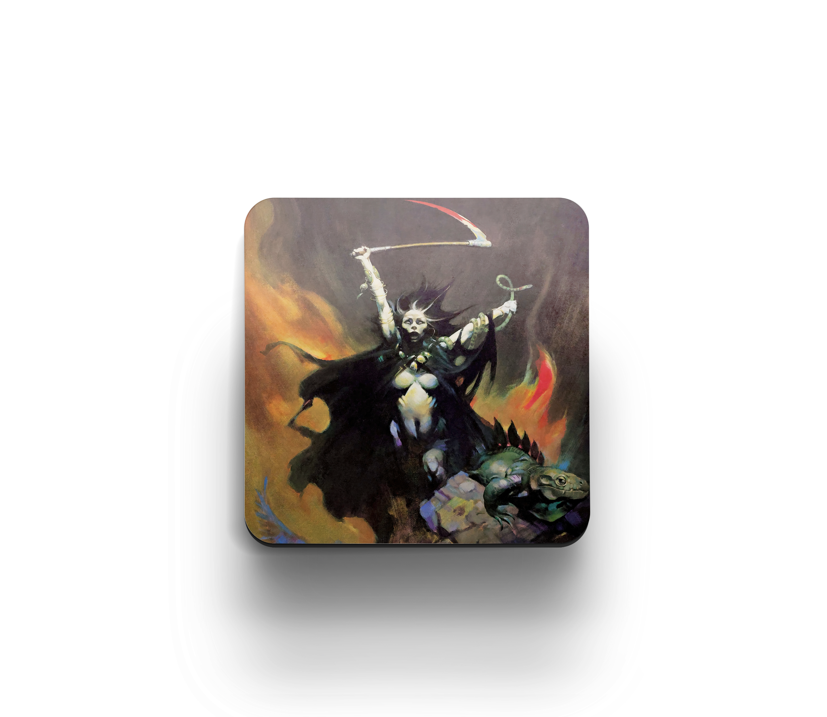 Acrylic coaster featuring Frank Frazetta’s painting of a fierce woman wielding a scythe, standing triumphantly beside a lizard-like creature amid swirling flames.