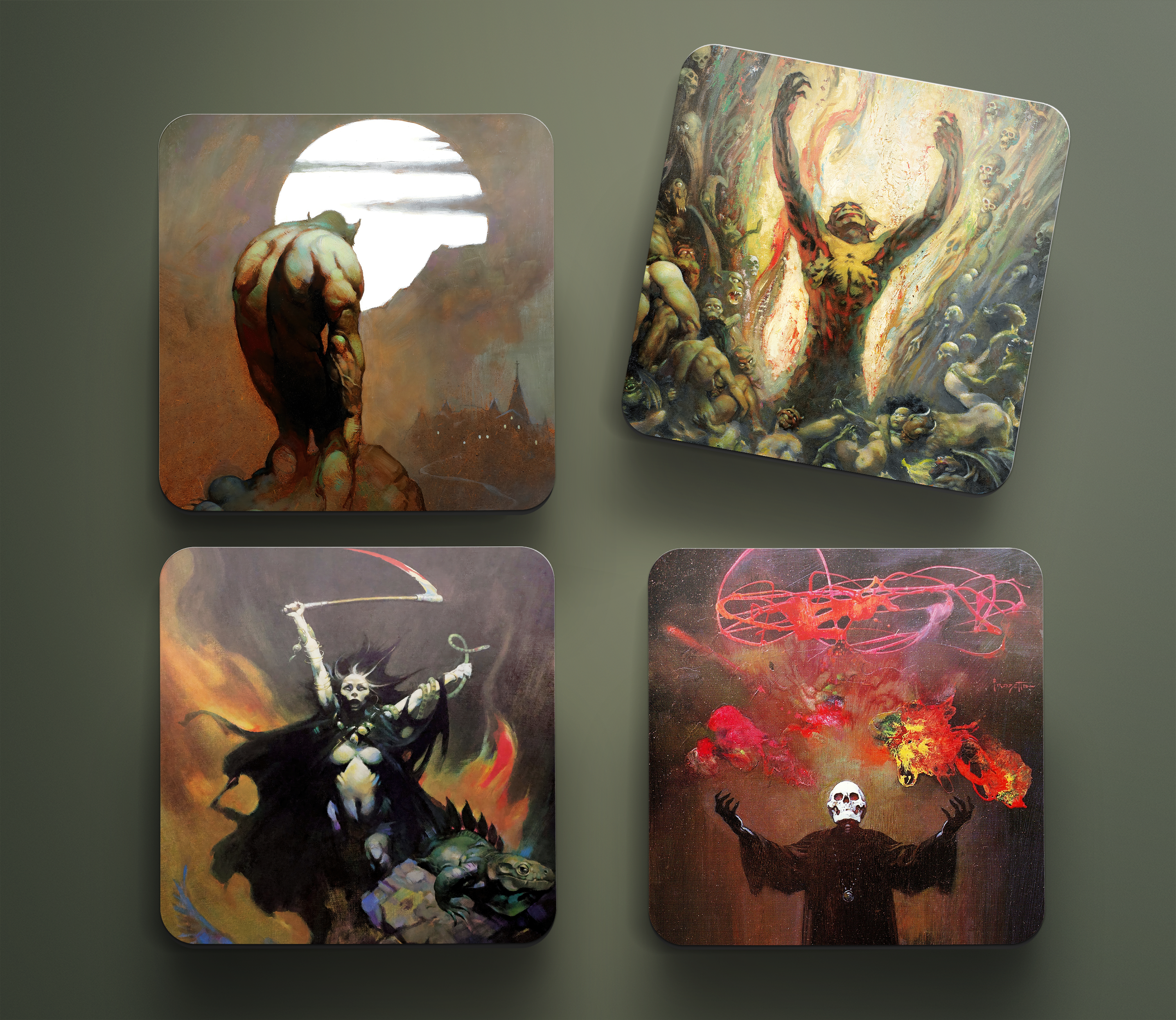 Acrylic coaster set featuring Frank Frazetta’s warrior artwork: Swordsman of Mars, Silver Warrior, Warrior Ball and Chain, and Atlantis displayed on a soft green background.