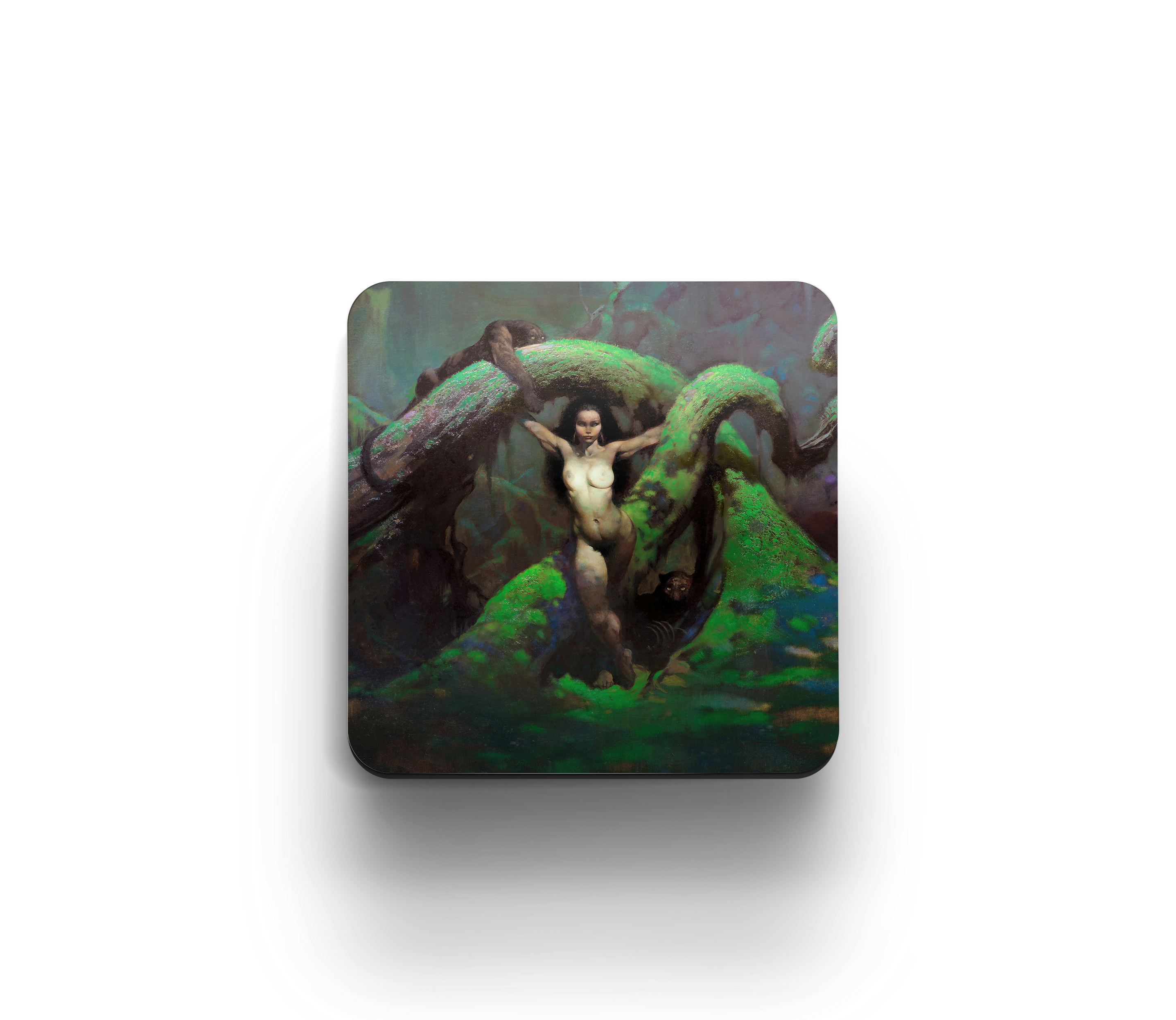 Acrylic coaster featuring Frank Frazetta’s “Cat Girl” artwork, depicting a powerful jungle scene with a fierce, dark-haired woman in a striking pose.