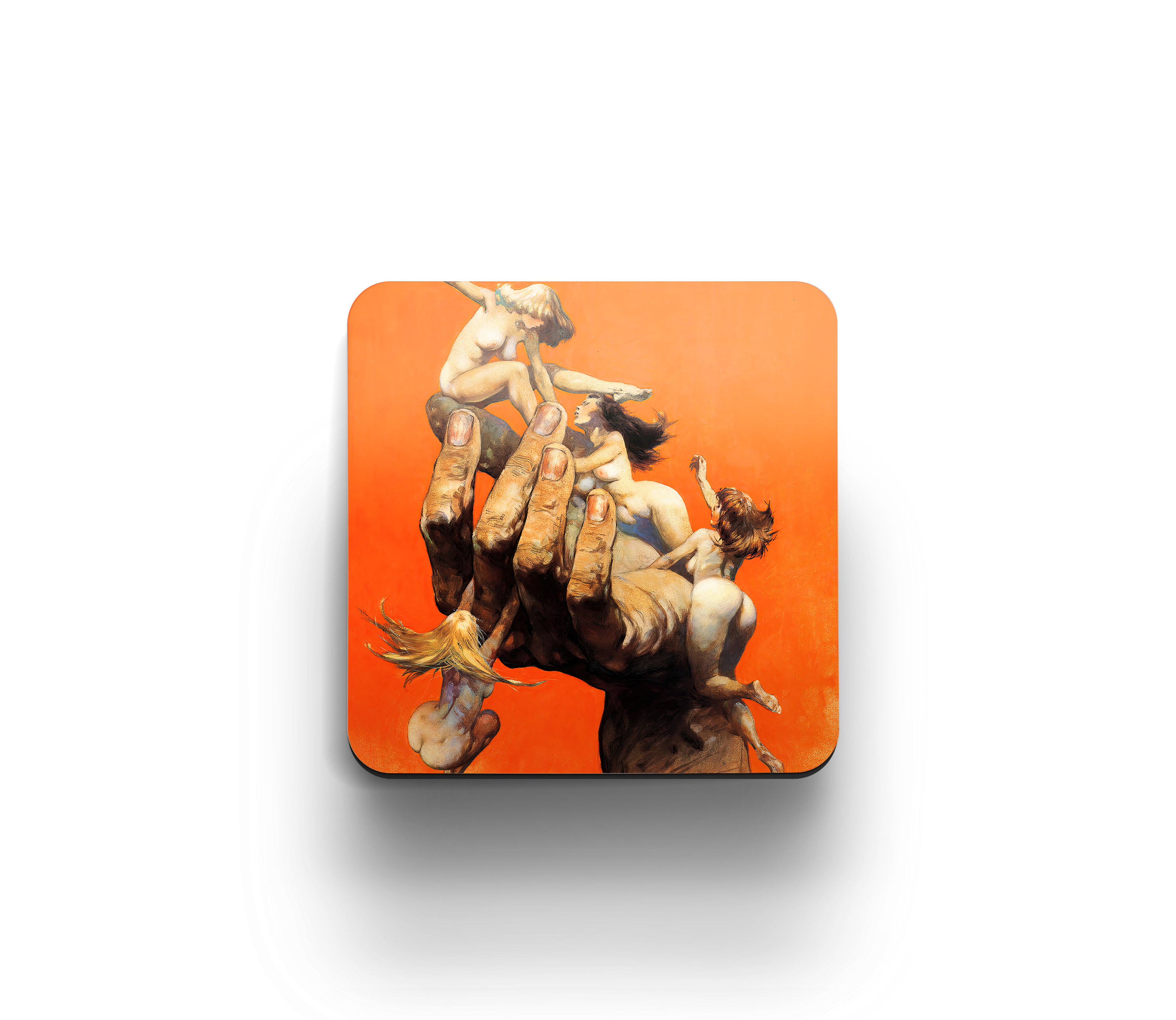 Acrylic coaster featuring Frank Frazetta’s “Reassembled Man,” depicting a giant hand grasping multiple women against a bold orange background.