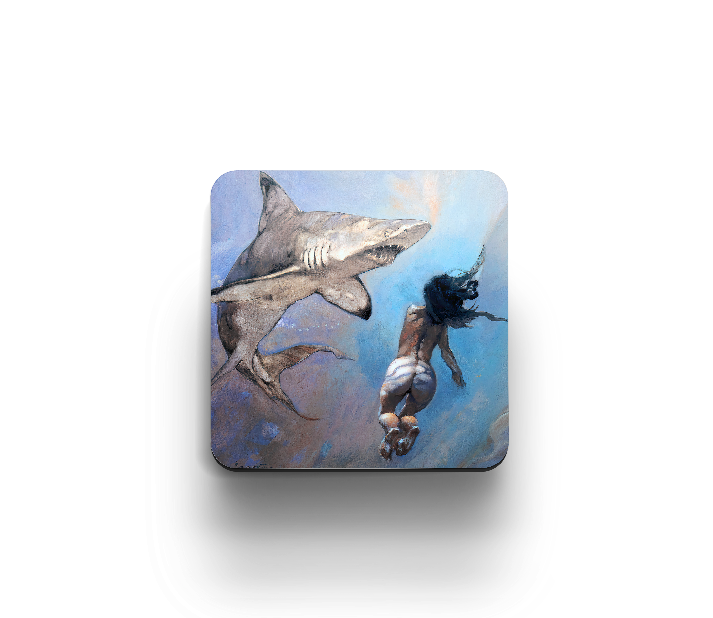 Acrylic coaster featuring Frank Frazetta’s “Requiem of a Shark,” depicting a woman swimming underwater alongside a massive shark in a surreal seascape.