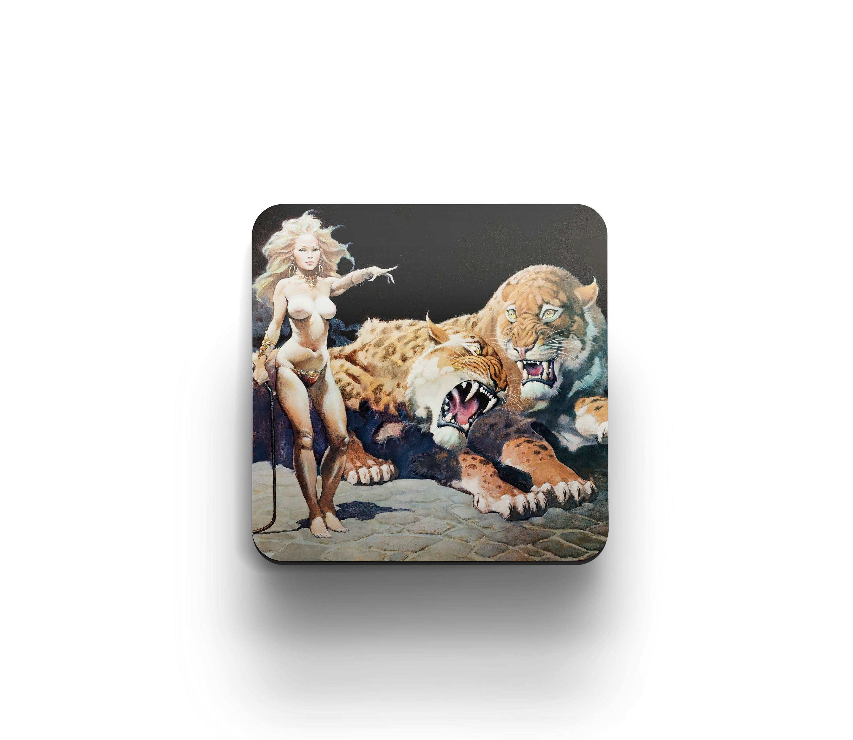 Acrylic coaster featuring Frank Frazetta’s “The Countess,” showing a commanding blonde woman beside two fierce, snarling big cats against a dark backdrop.