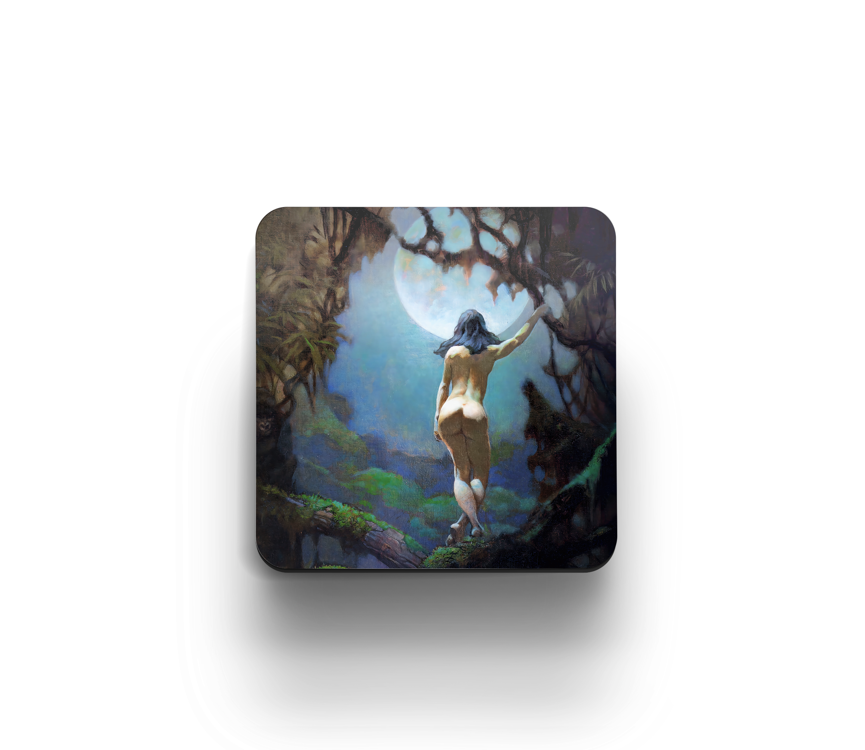 Acrylic coaster featuring Frank Frazetta’s “Moon’s Rapture,” showing a nude woman standing on a mossy branch, gazing at a full moon through the trees.