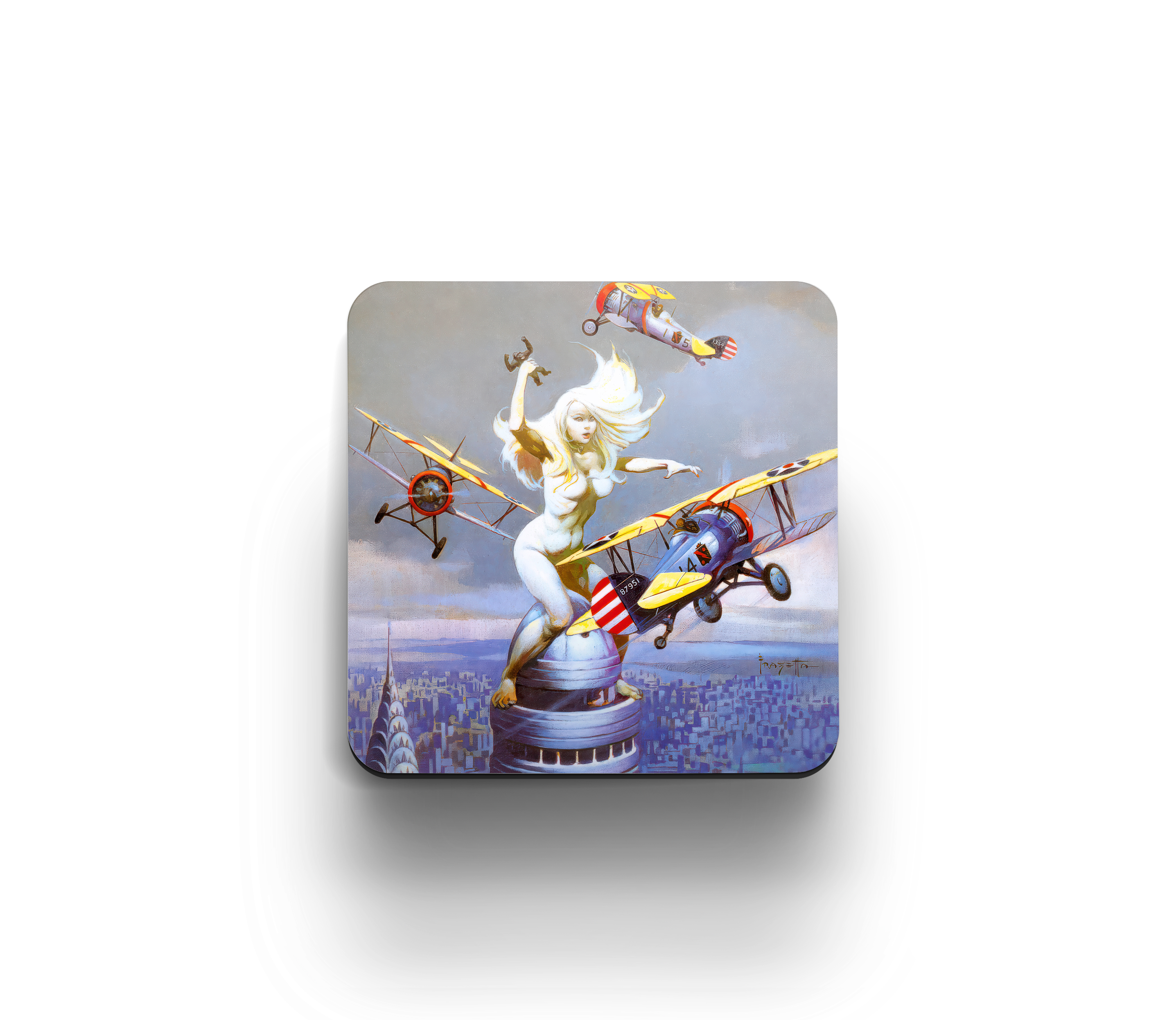 Acrylic coaster featuring Frank Frazetta’s “Queen Kong,” depicting a giant blonde woman atop a skyscraper as biplanes circle in a dramatic, pulp-style scene.