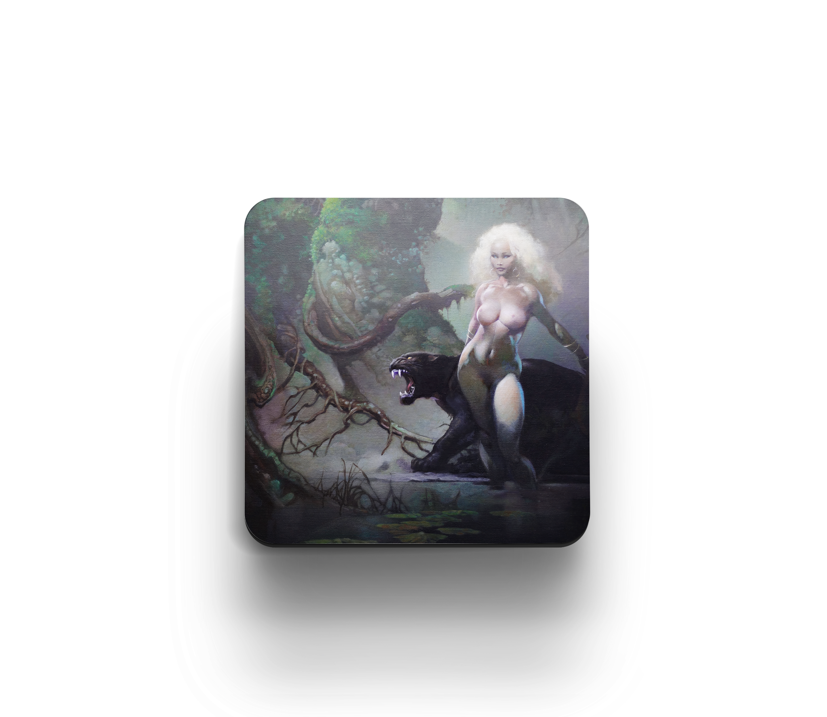 Acrylic coaster featuring Frank Frazetta’s “Princess and the Panther,” showing a fierce blonde woman standing beside a black panther in a shadowy jungle.
