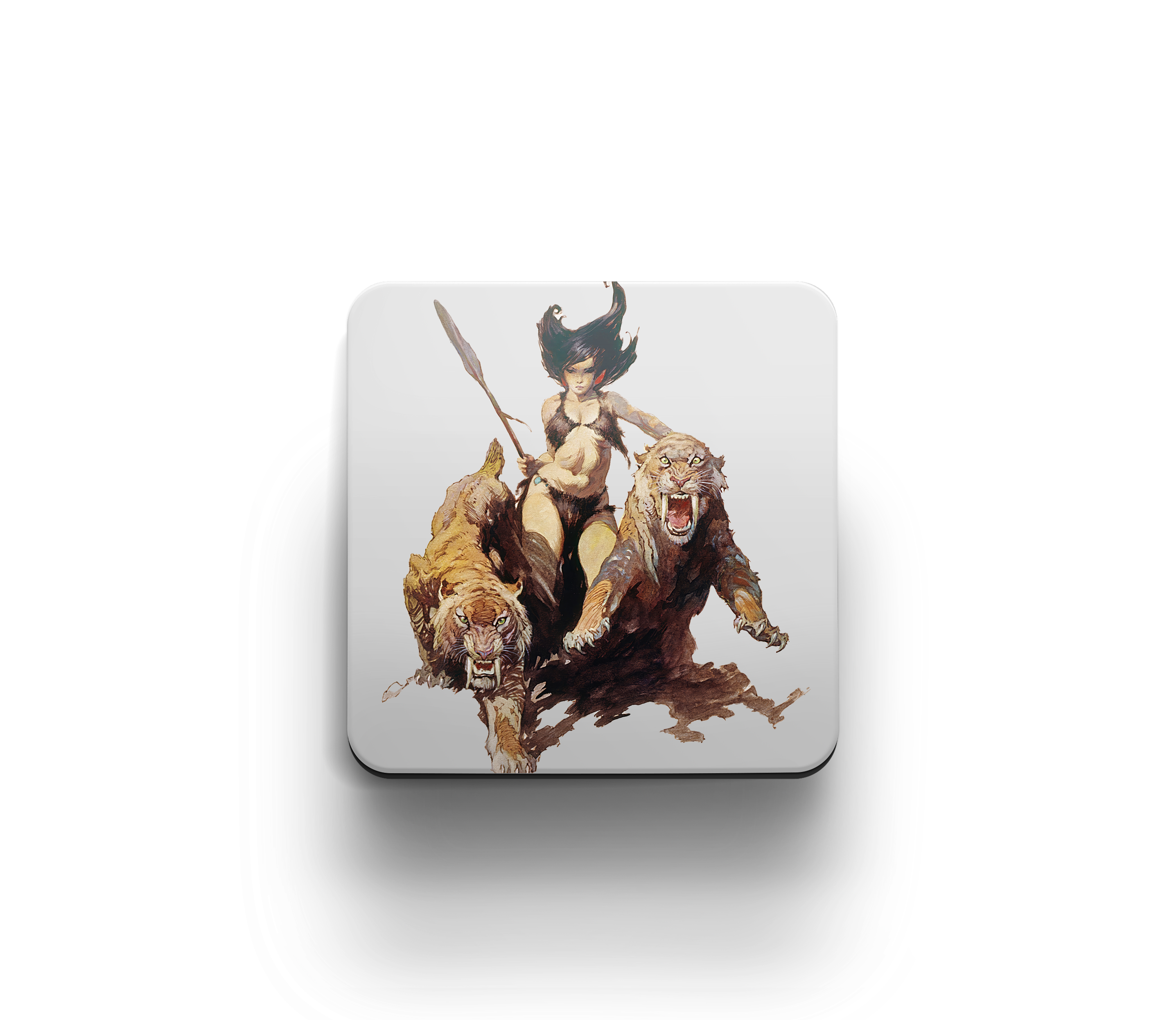 Acrylic coaster featuring Frank Frazetta’s “The Huntress,” depicting a fierce dark-haired warrior woman wielding a spear and flanked by two snarling sabretooth cats.