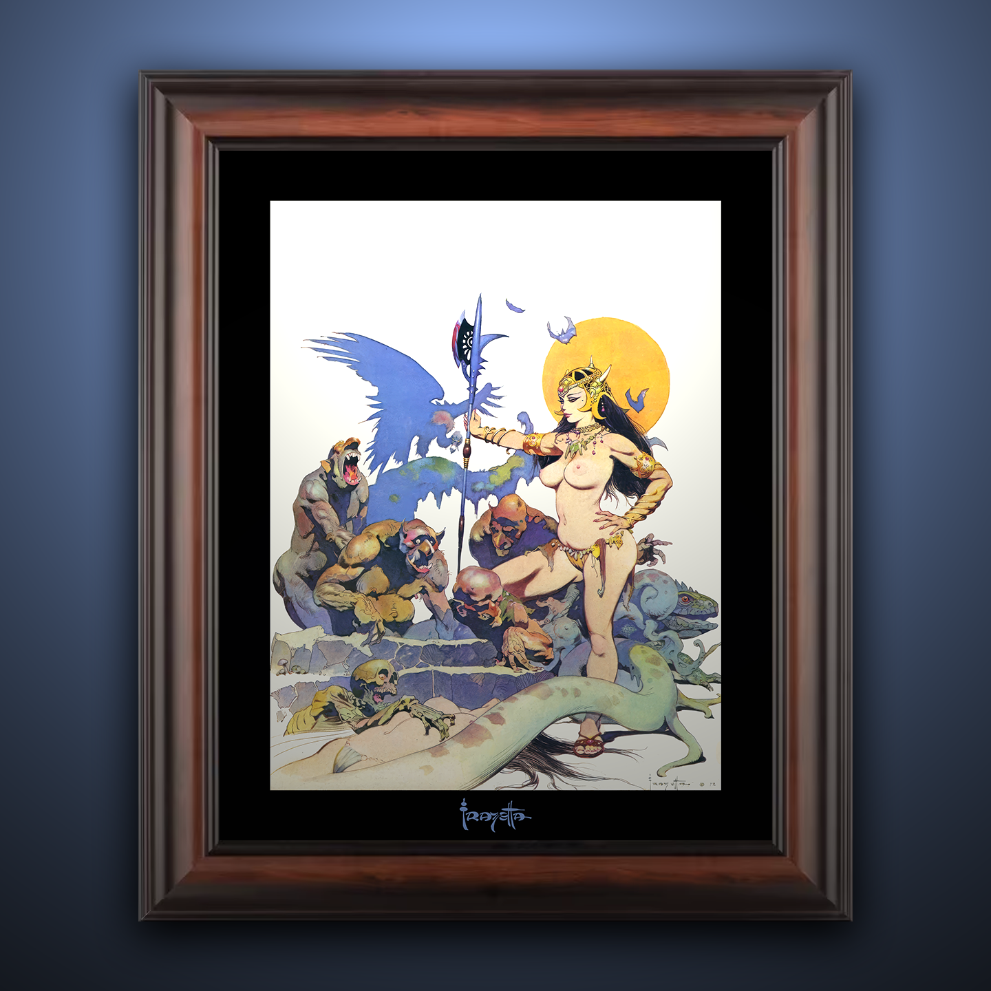 Framed Gallery Series print of "Ghoul Queen" by Frank Frazetta, highlighting dramatic depth with black 1.5" matting.