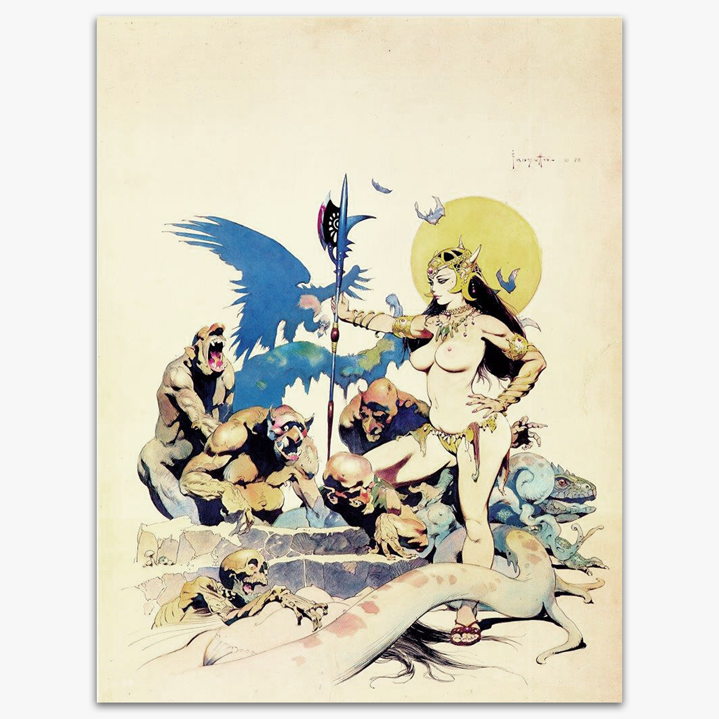 Vintage print of "Ghoul Queen" by Frank Frazetta, depicting a mystical queen standing over a group of eerie ghoulish figures surrounding her, printed on high-quality linen paper.