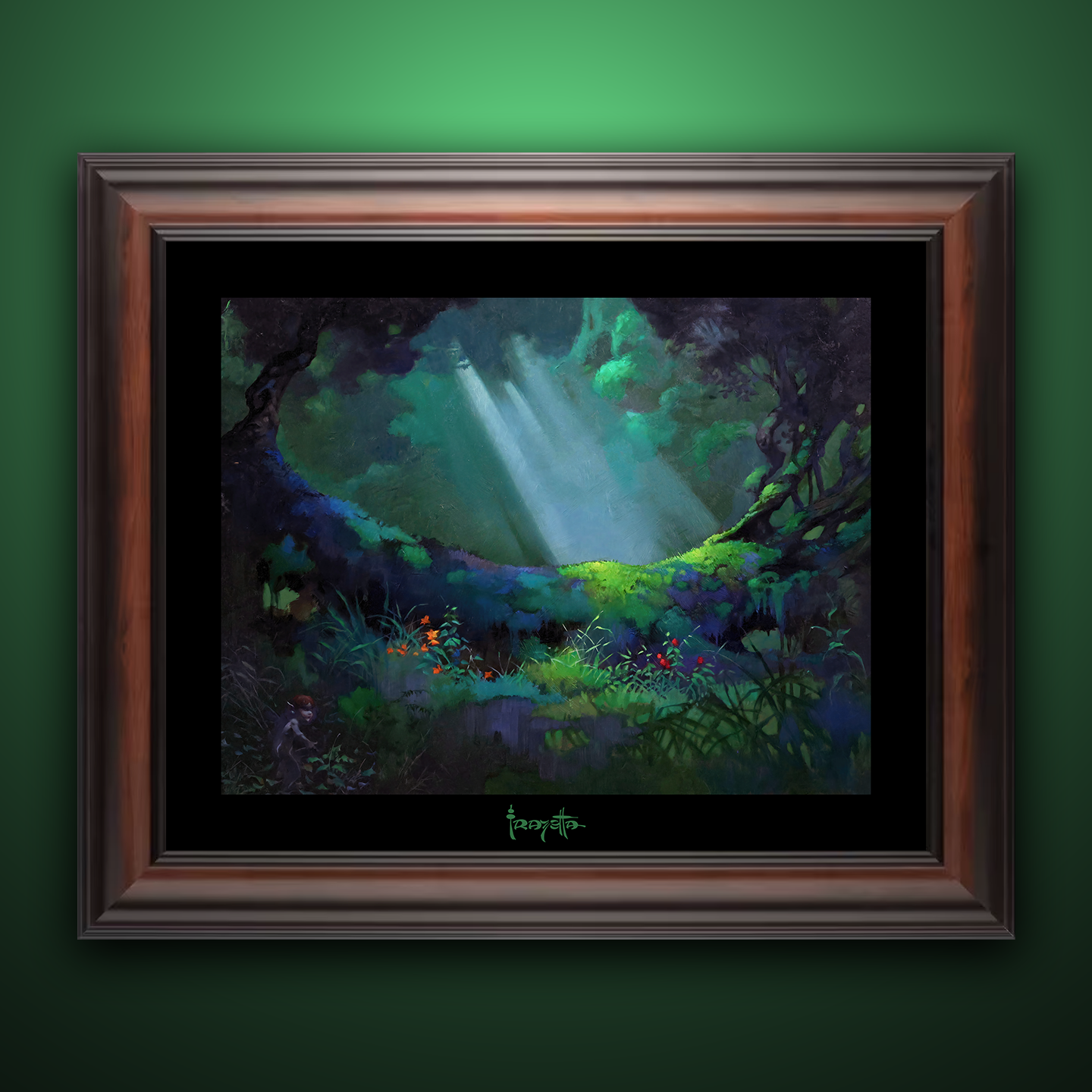 Framed Gallery Series print of "Glade of the Pixies" by Frank Frazetta, emphasizing delicate details with black 1.5" matting.