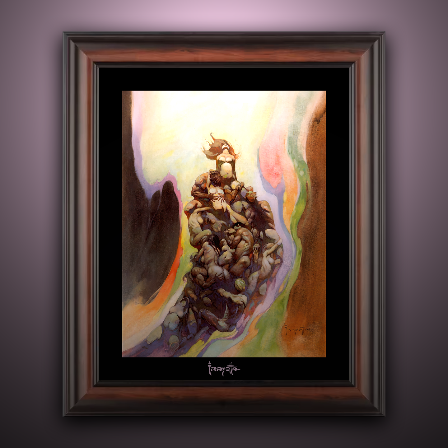 Framed Gallery Series print of "Godmakers" by Frank Frazetta, highlighting intense scenes with black 1.5" matting.