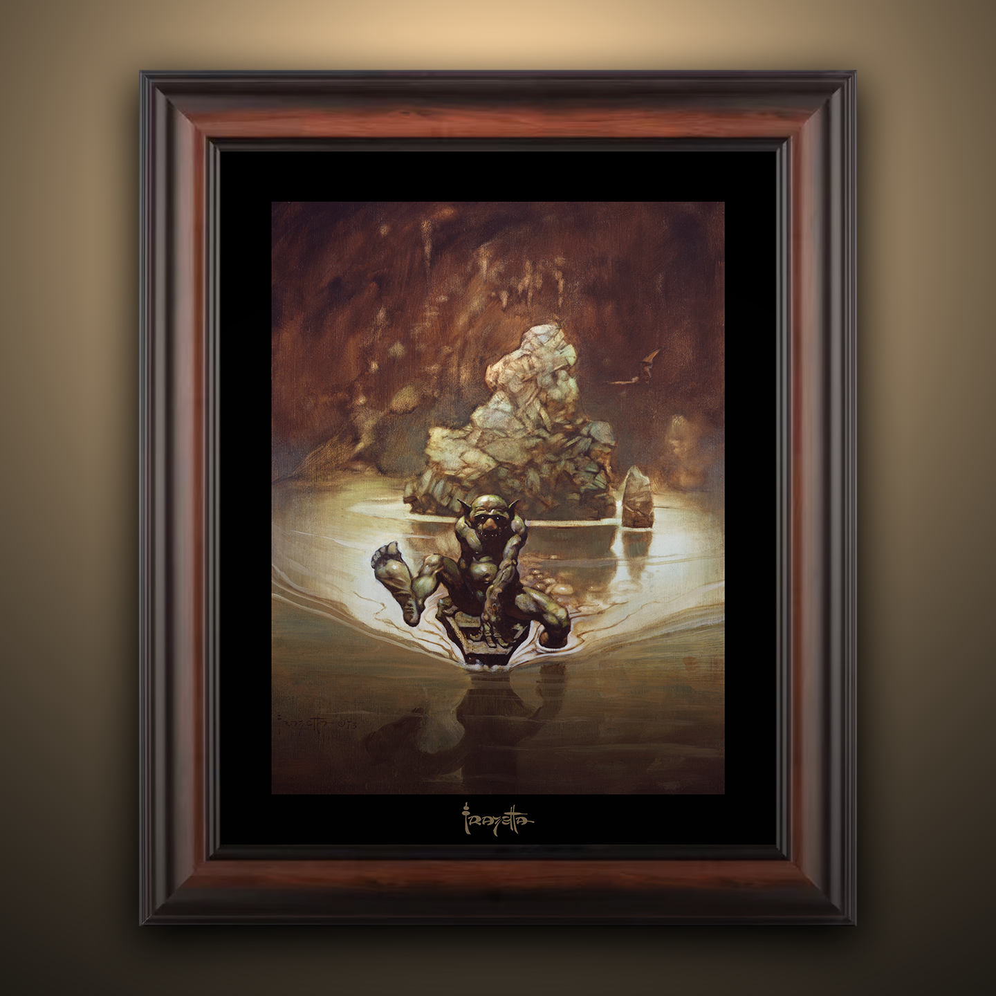 Framed Gallery Series print of "Gollum" by Frank Frazetta, emphasizing detailed expression with black 1.5" matting.