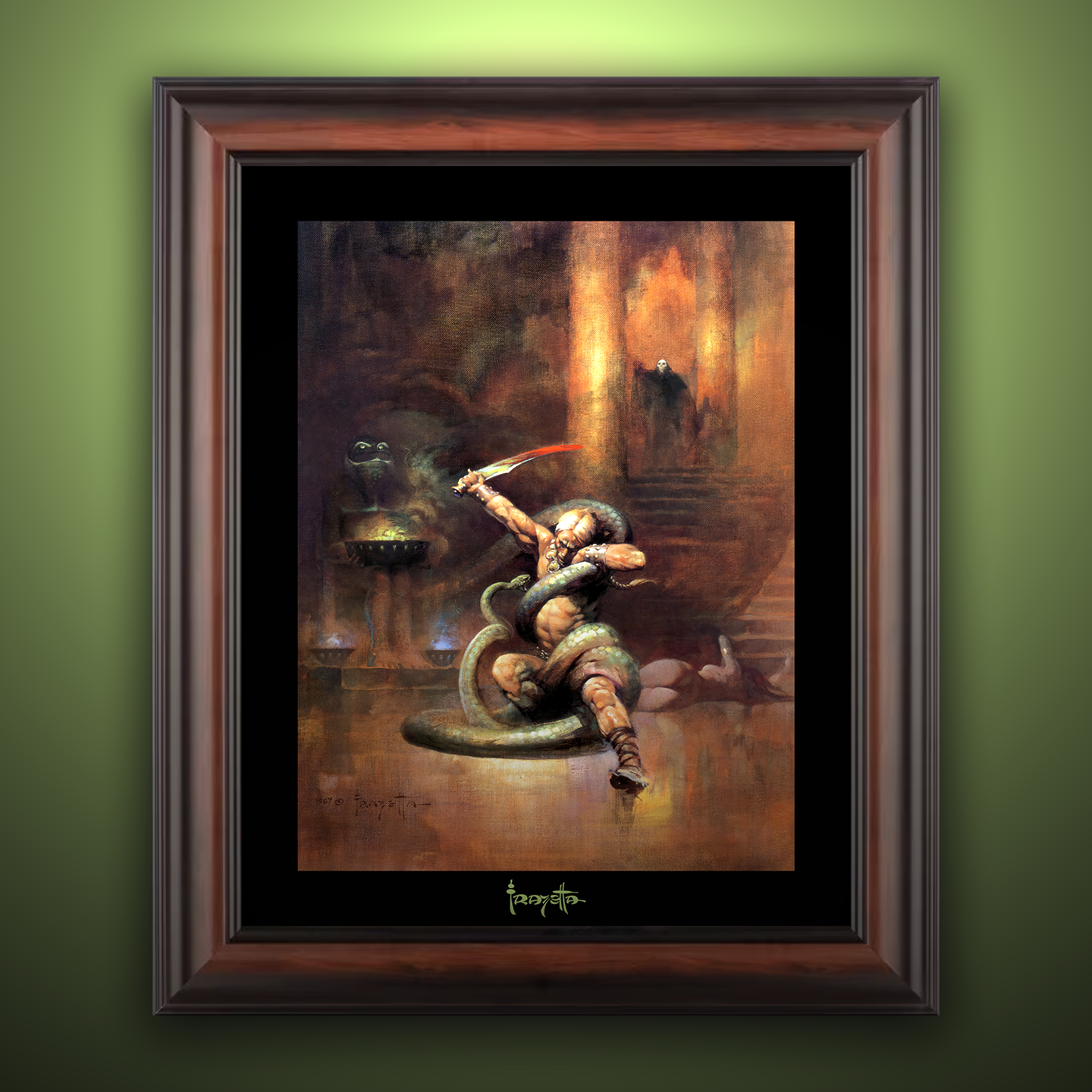 Framed Gallery Series print of "Green Death" by Frank Frazetta, highlighting dramatic details with black 1.5" matting.