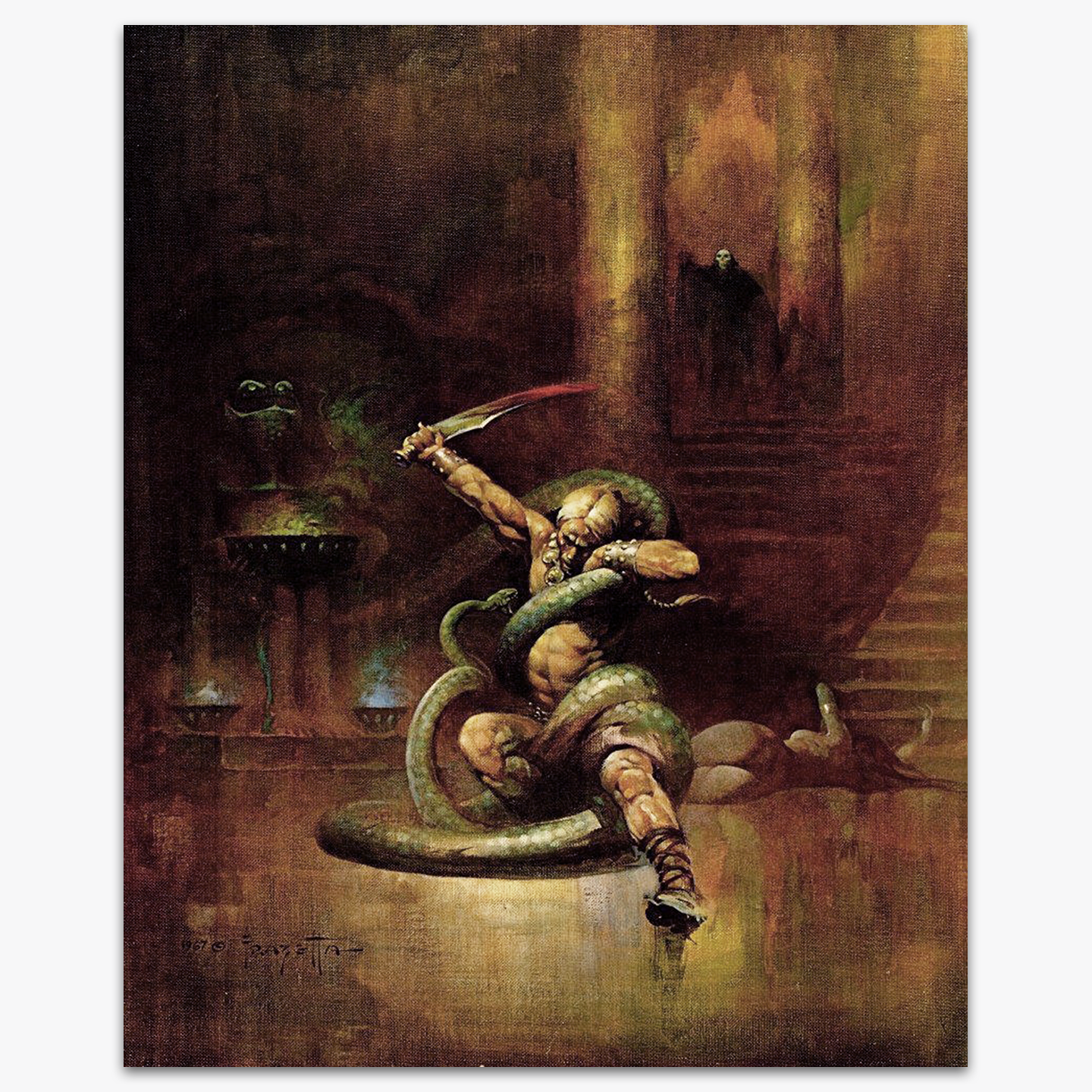 Vintage print depicting a warrior battling against a green serpent in a marbled chamber.