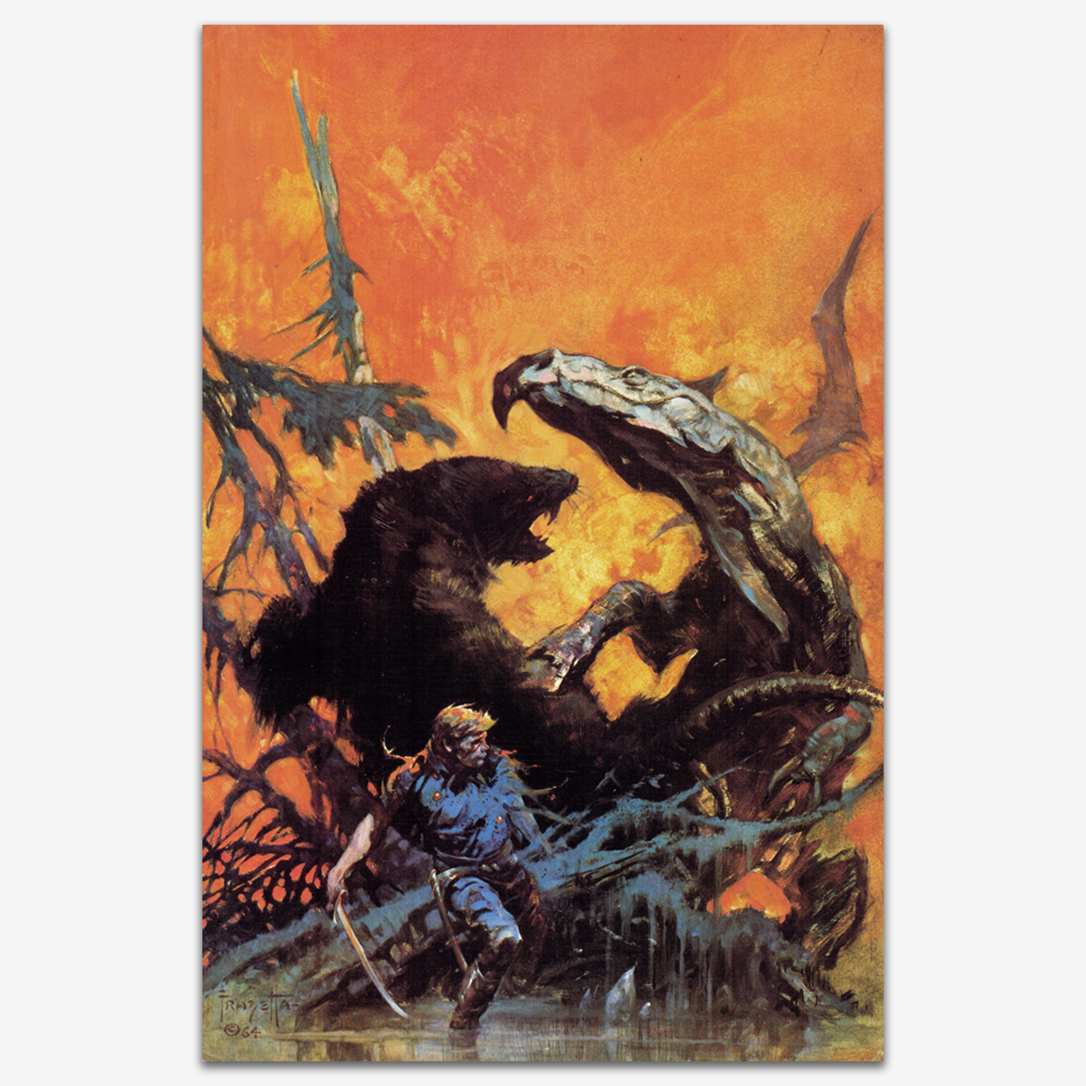 Vintage print of Gulliver of Mars by Frank Frazetta, showcasing a man amidst an alien and dangerous Martian landscape.
