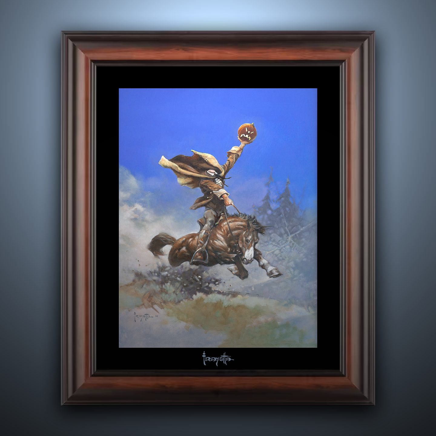 Gallery Series print of "Headless Horseman I" by Frank Frazetta, unframed, showcasing dramatic movement and eerie detail.