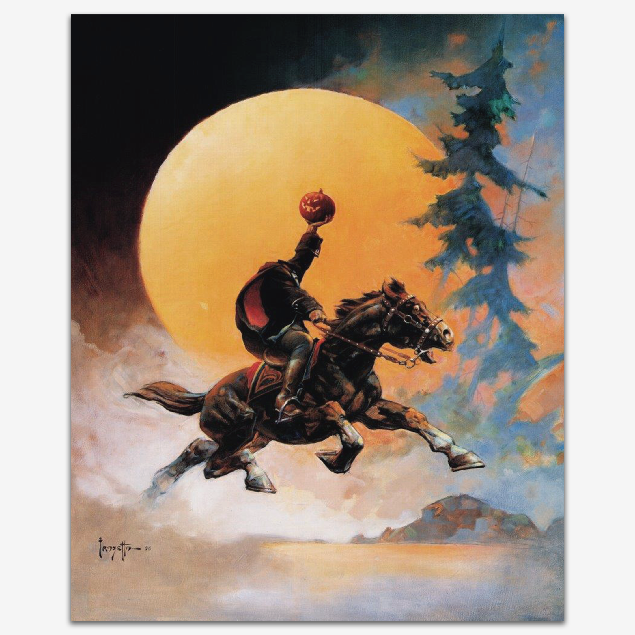 Vintage print of "Headless Horseman II" by Frank Frazetta, depicting the spectral rider galloping under a massive full moon, printed on high-quality linen paper.