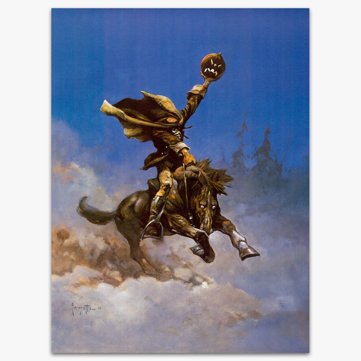 Vintage print of the Headless Horseman I by Frank Frazetta, depicting a powerful rider charging through a misty backdrop with dramatic action.
