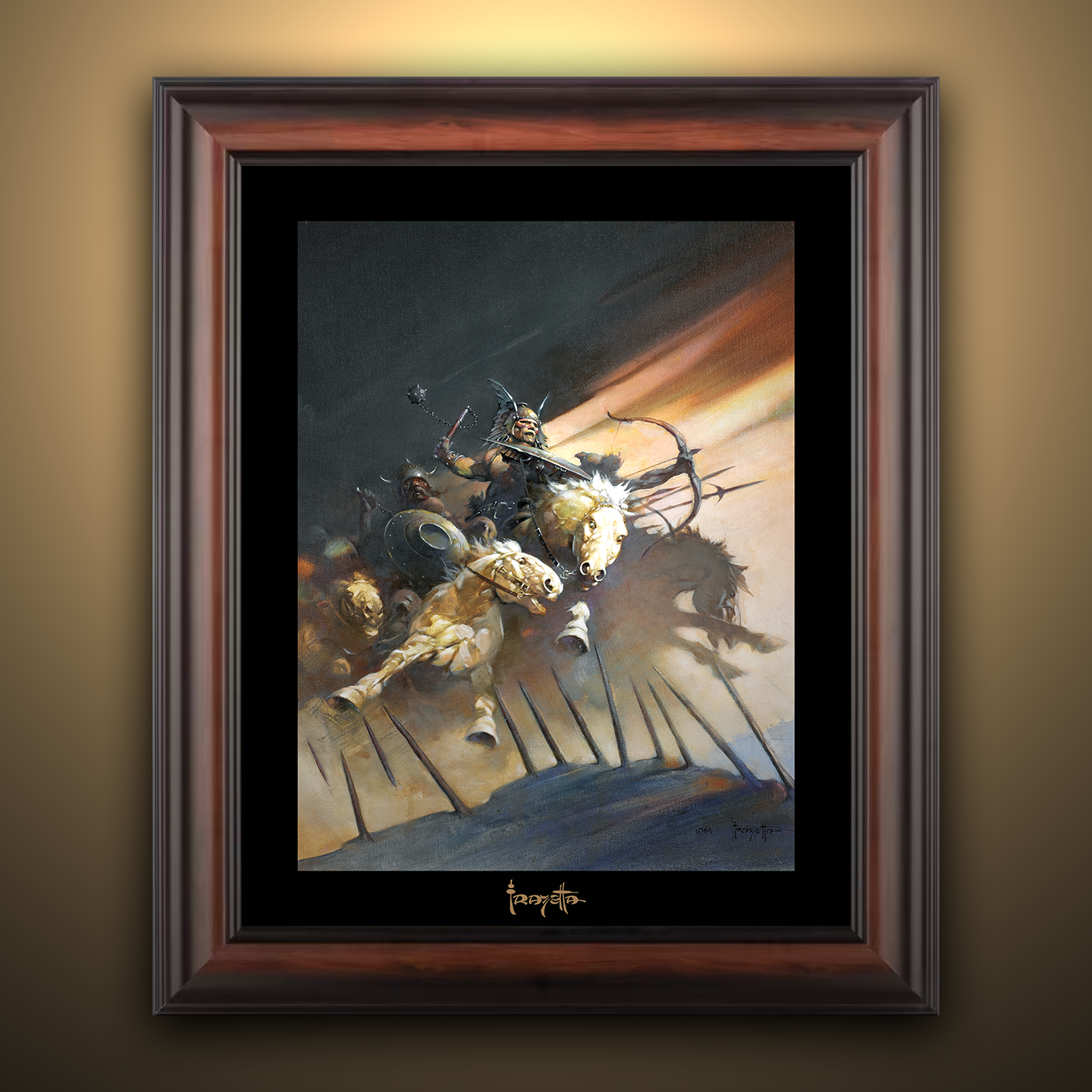 Framed Gallery Series print of "Huns" by Frank Frazetta, emphasizing bold figures and action with black 1.5" matting.
