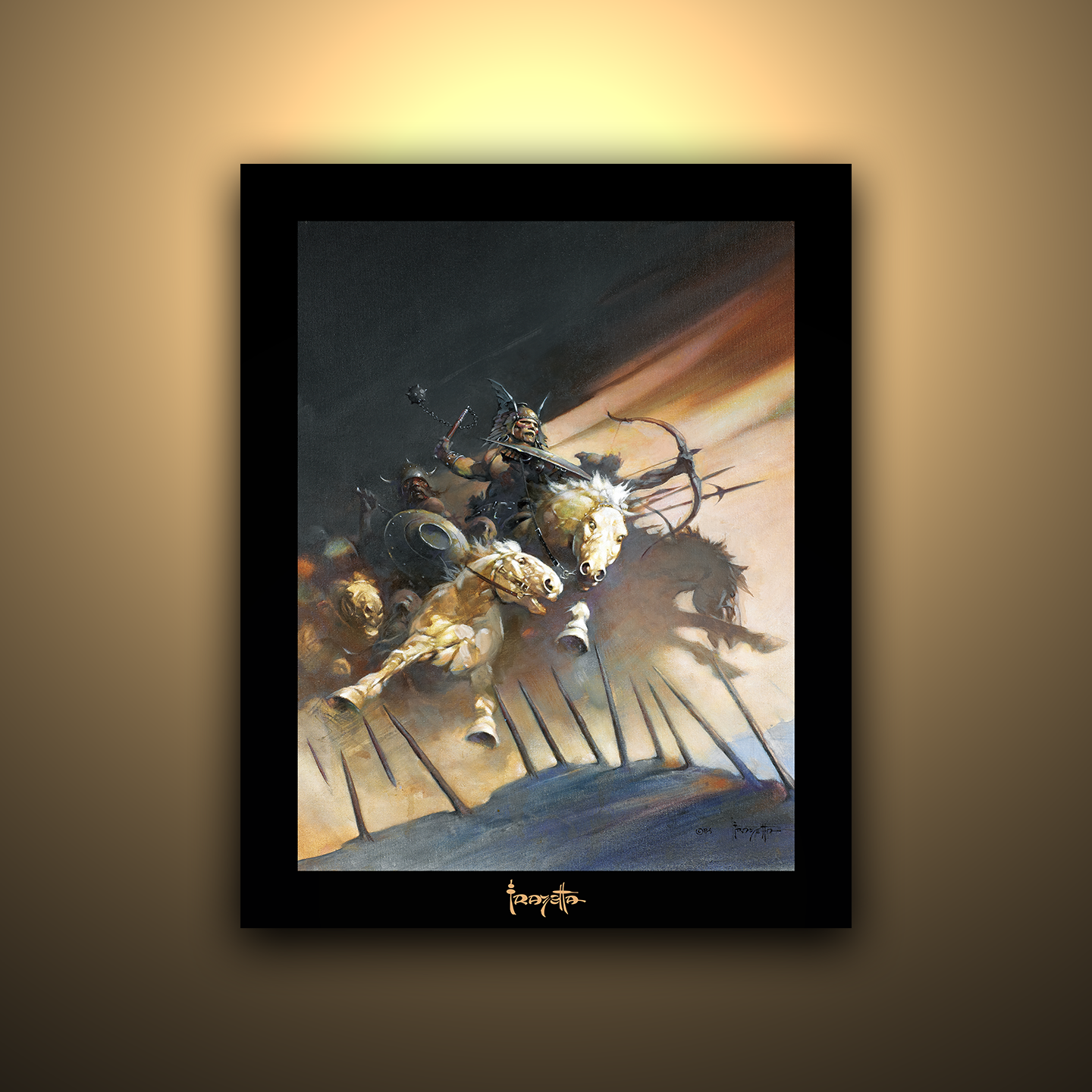 Gallery Series print of "Huns" by Frank Frazetta, unframed, depicting intense action and detailed figures.