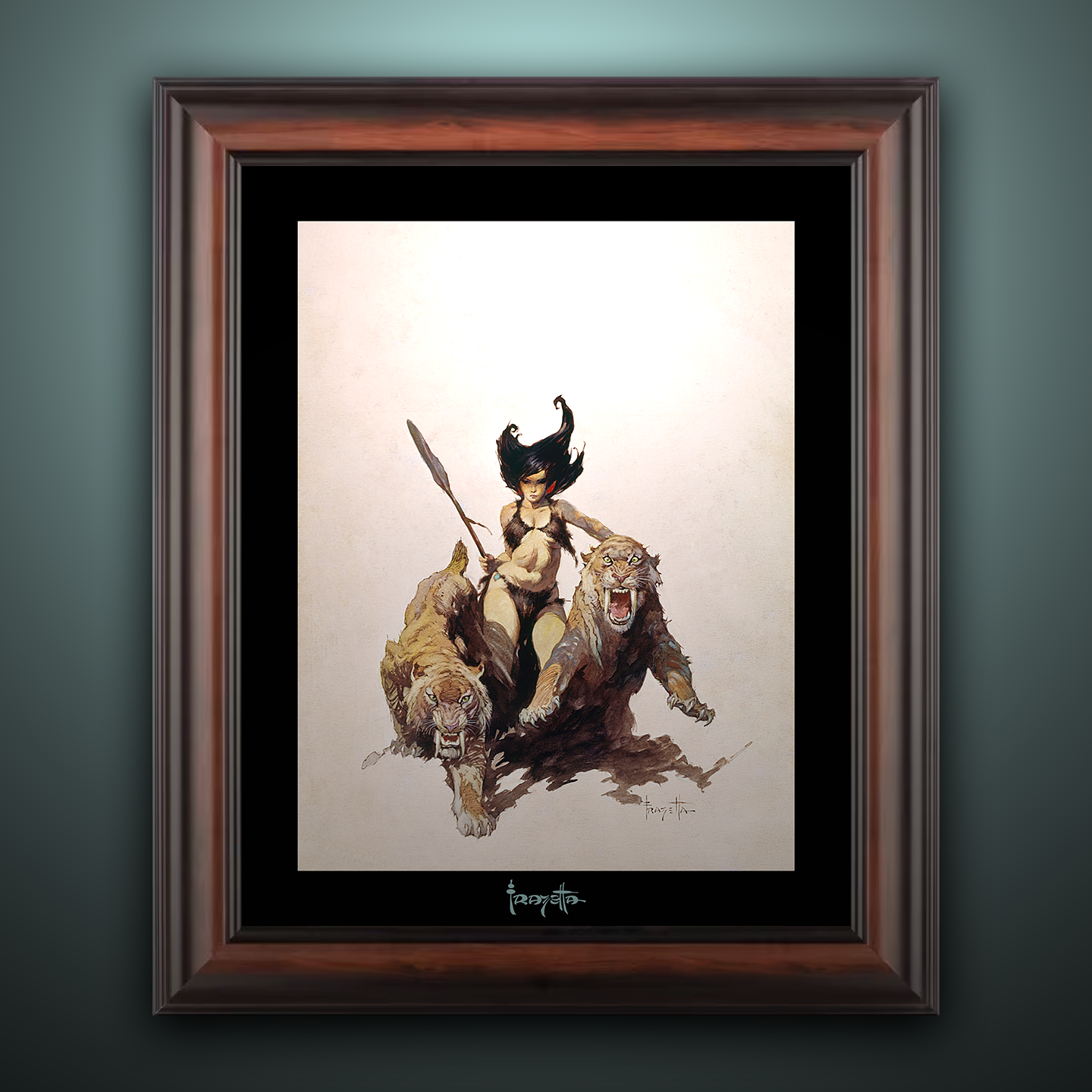 Framed Gallery Series print of "Huntress" by Frank Frazetta, highlighting intense imagery with black 1.5" matting.