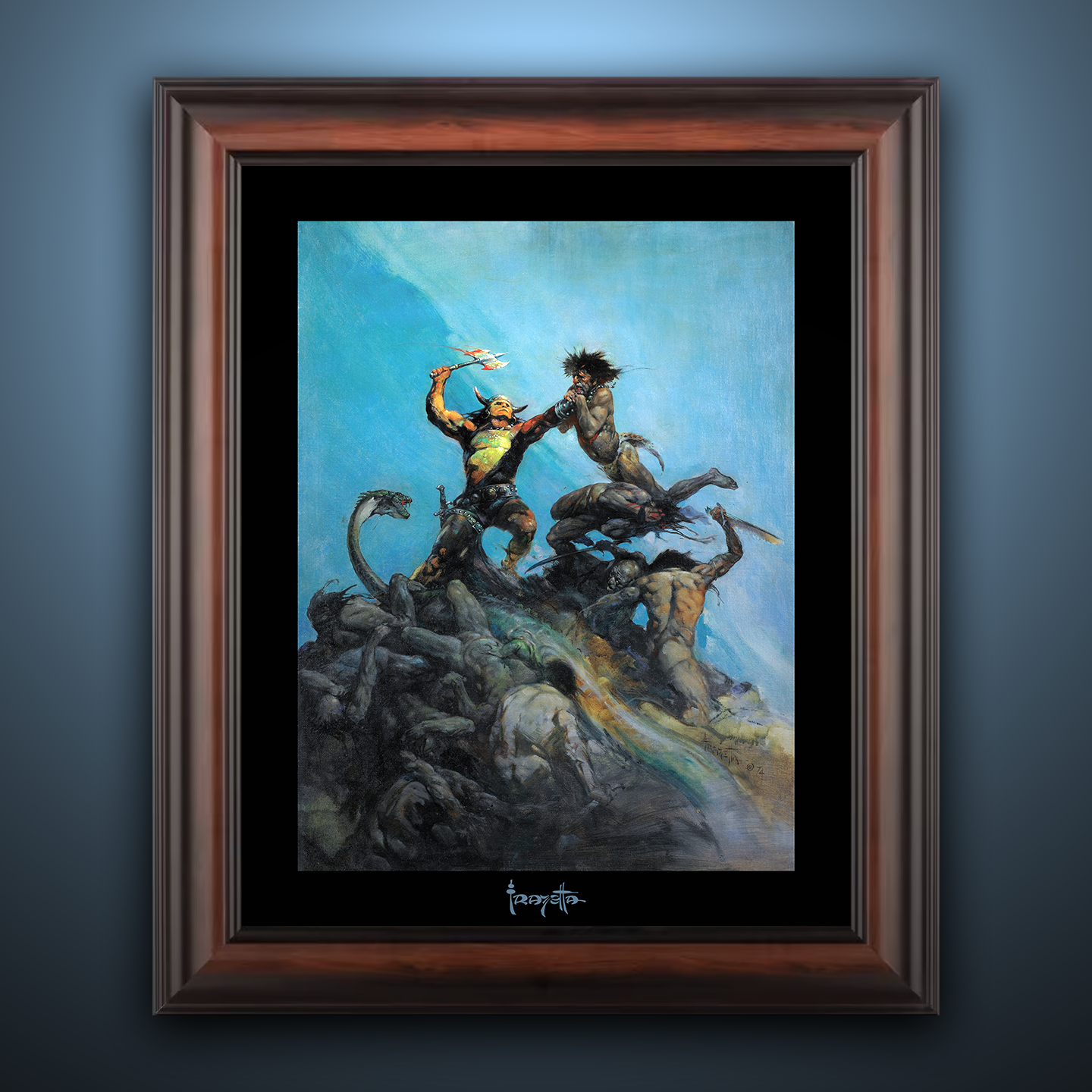 Framed Gallery Series print of "Indomitable" by Frank Frazetta, emphasizing strength and dramatic composition with black 1.5" matting.