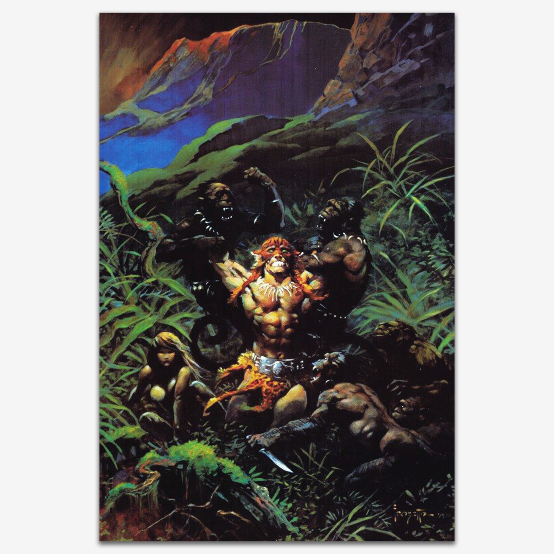Vintage print of Jaguar God I by Frank Frazetta, illustrating a powerful, mythical figure with a jaguar head in a dramatic and energetic pose.