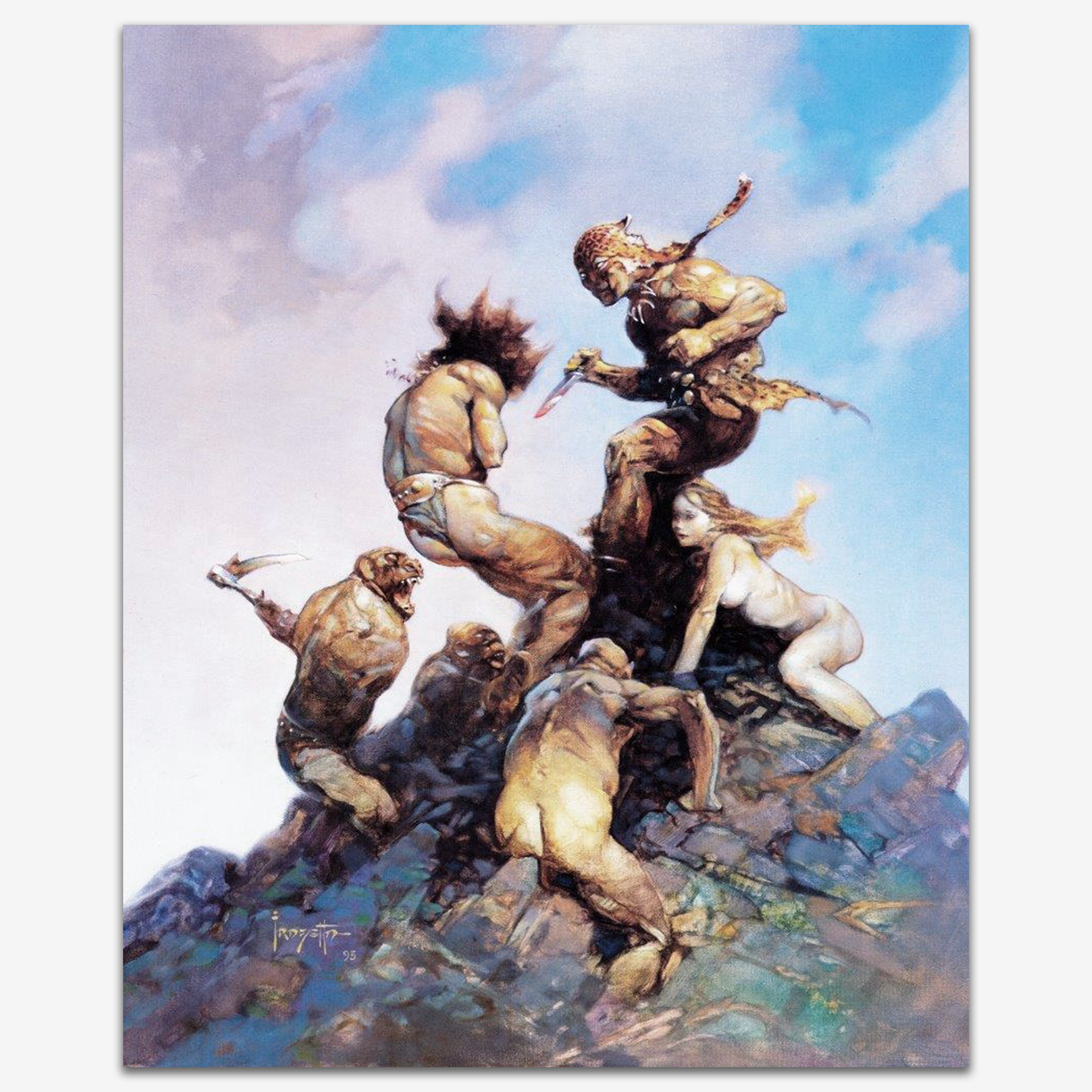 Vintage print of Jaguar God II by Frank Frazetta, depicting a powerful, primal figure standing battling alongside his companions against a dramatic backdrop of a rugged, untamed landscape.