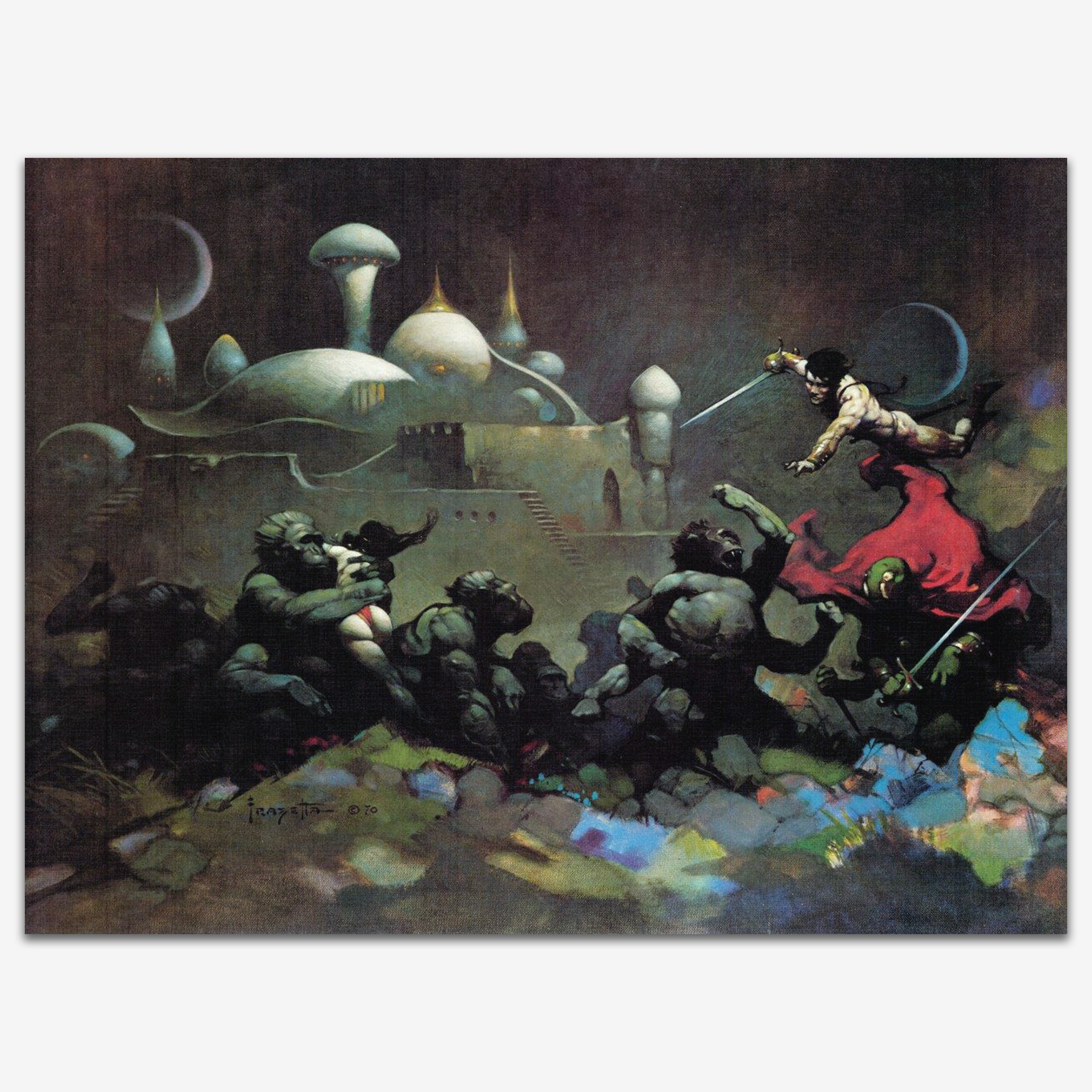Vintage print of John Carter and the Savage Apes of Mars by Frank Frazetta, depicting the heroic John Carter wielding a sword as he battles monstrous ape-like creatures under the alien sky of Mars.