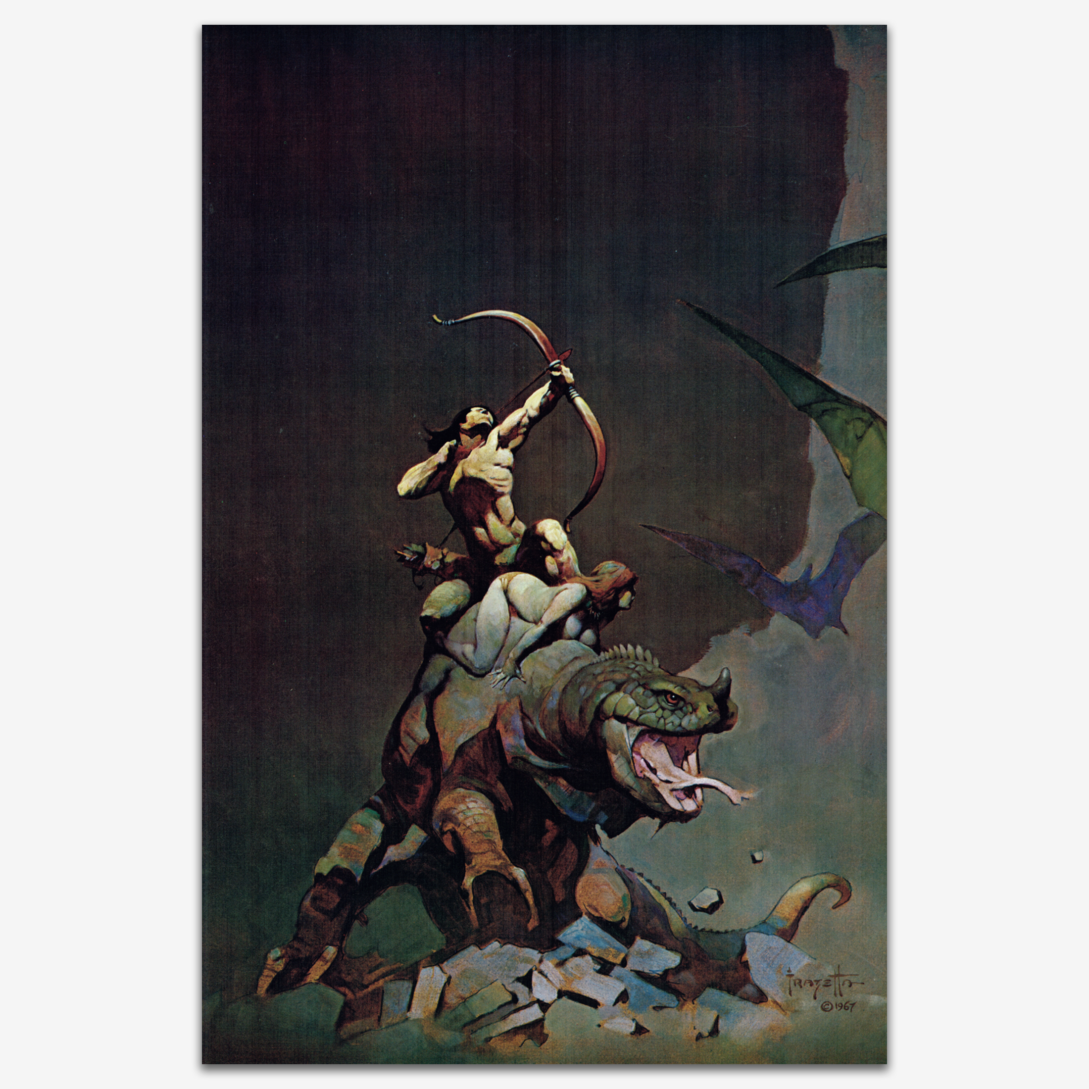 Vintage print of Jongor Fights Back by Frank Frazetta, depicting the heroic character Jongor riding his massive beast into battle.