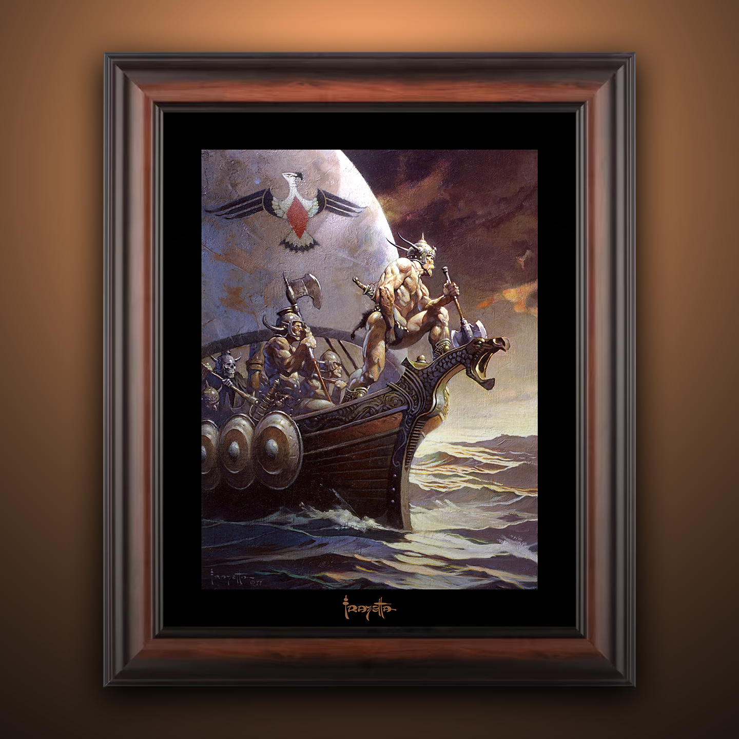 Framed Gallery Series print of "Kane on the Golden Sea" by Frank Frazetta, emphasizing dramatic detail with black 1.5" matting.