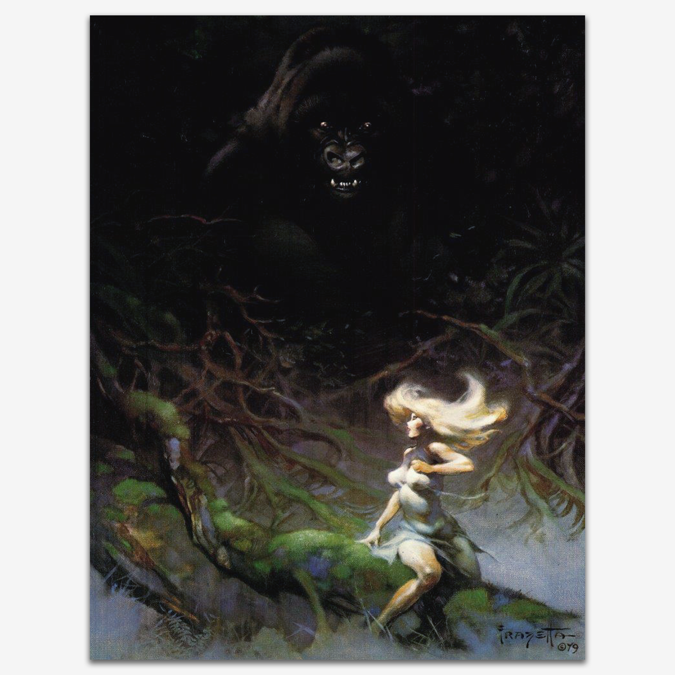 Vintage print of King Kong by Frank Frazetta, capturing the iconic scene with a massive gorilla towering over the jungle landscape.