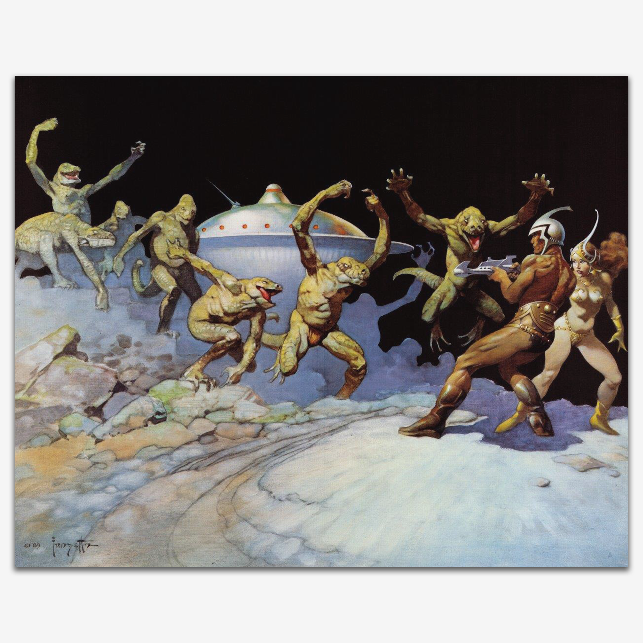 Vintage print of Leaping Lizards by Frank Frazetta, featuring a dynamic, high-energy scene with lizards and action-filled movement.