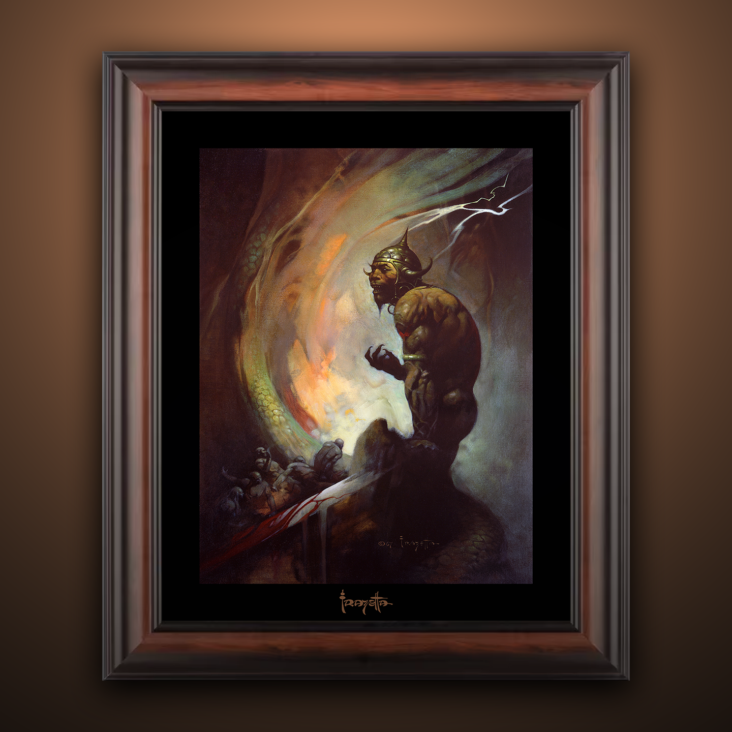 Framed Gallery Series print of "Mongol Tyrant" by Frank Frazetta, highlighting dramatic detail with black 1.5" matting.