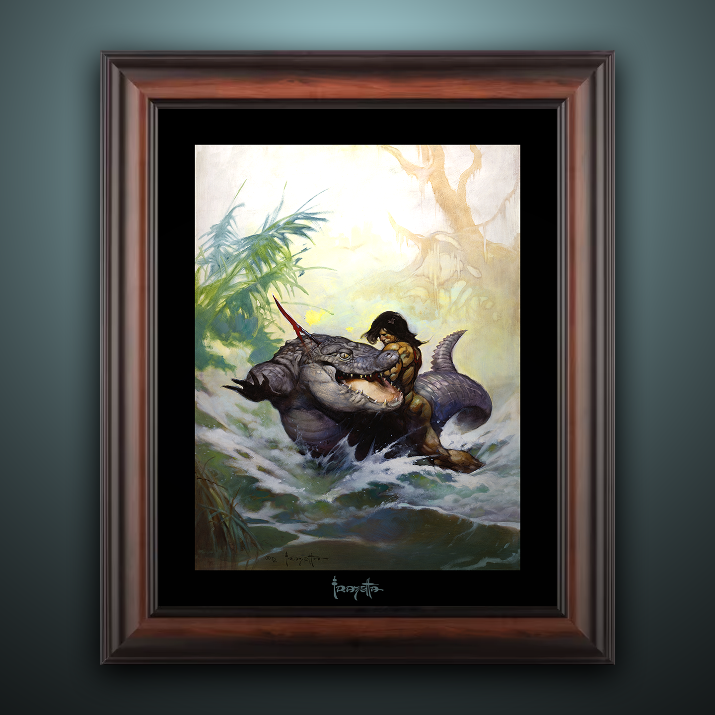 Framed Gallery Series print of "Monster Out of Time" by Frank Frazetta, emphasizing bold action with black 1.5" matting.