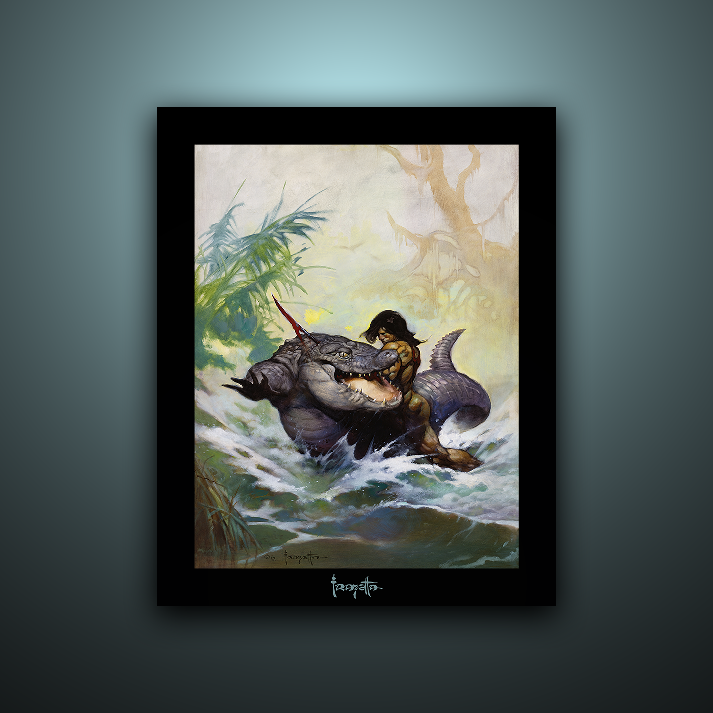 Gallery Series print of "Monster Out of Time" by Frank Frazetta, unframed, depicting dynamic movement and fierce power.