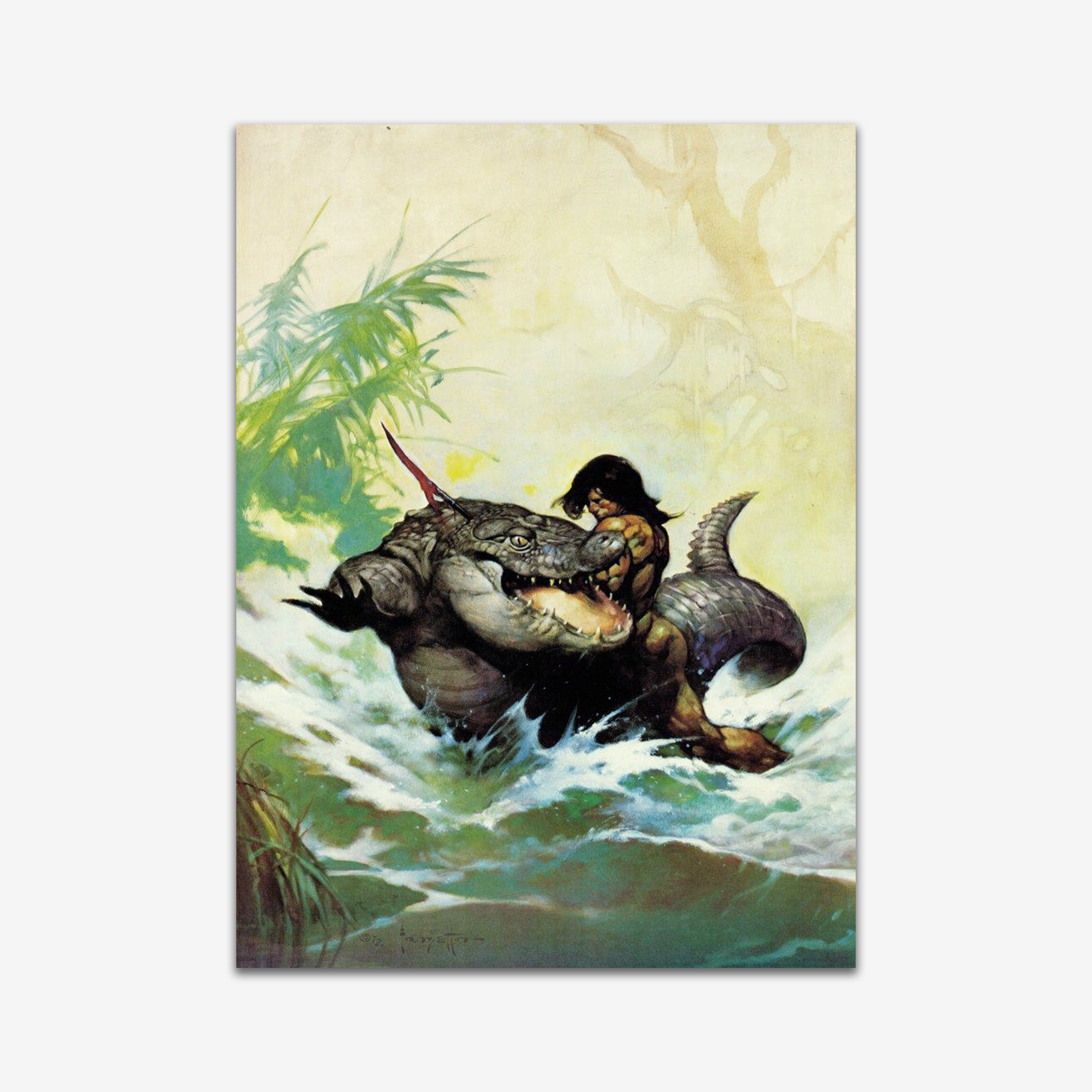 Vintage print of Monster out of Time by Frank Frazetta, featuring a fierce, prehistoric creature emerging from a lush, alien landscape.