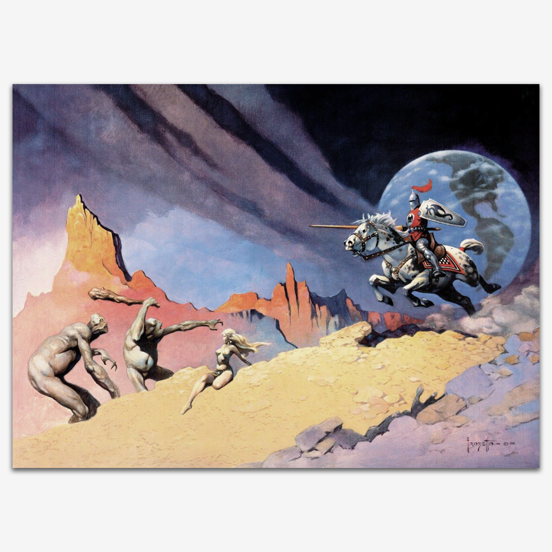 Vintage print of Moon Rider by Frank Frazetta, featuring a captivating scene of a heroic rider on horseback against the backdrop of Earth.