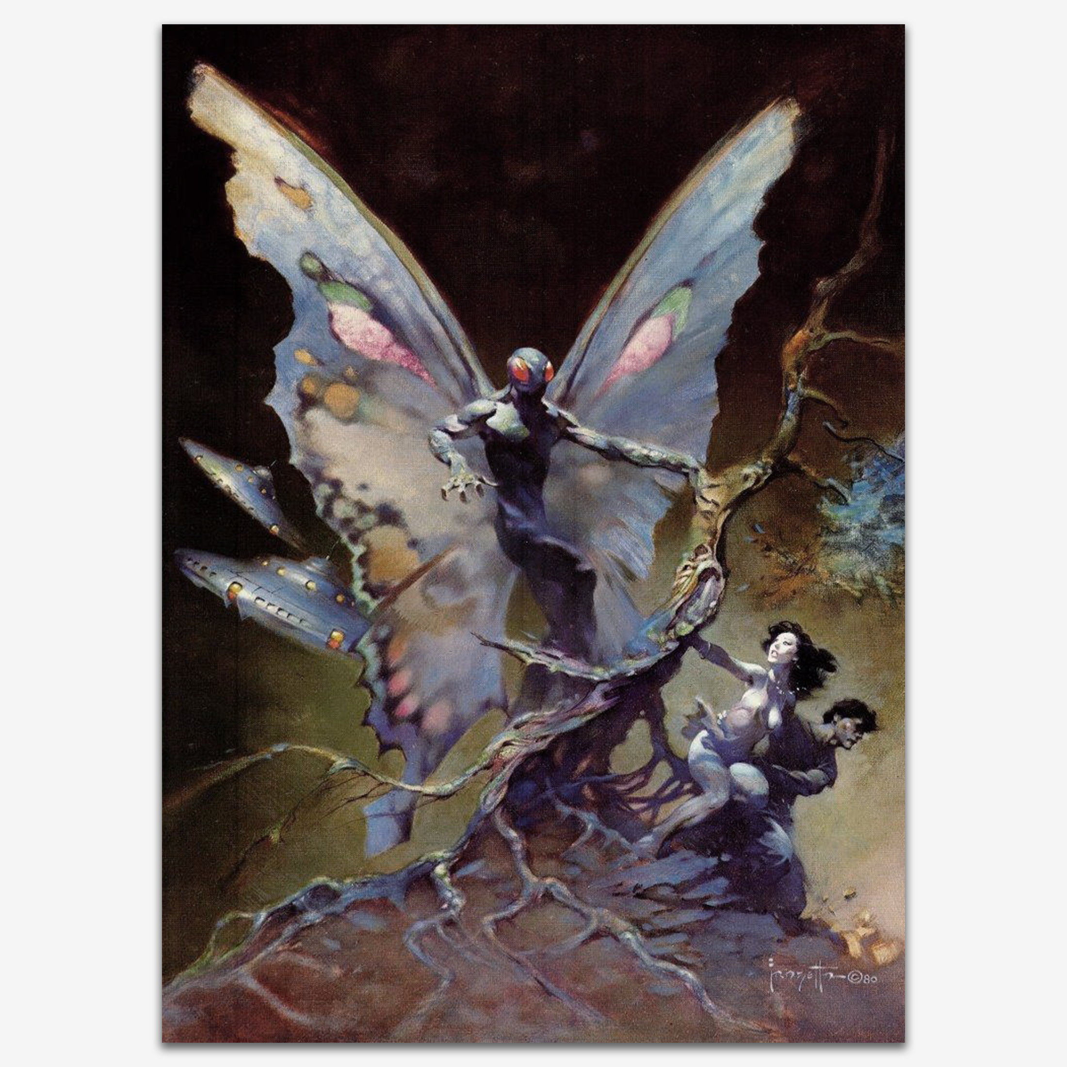 Vintage print of "Mothman" by Frank Frazetta, showcasing a haunting, winged creature with a glowing presence, set against a dark and mysterious background, printed on high-quality linen paper.