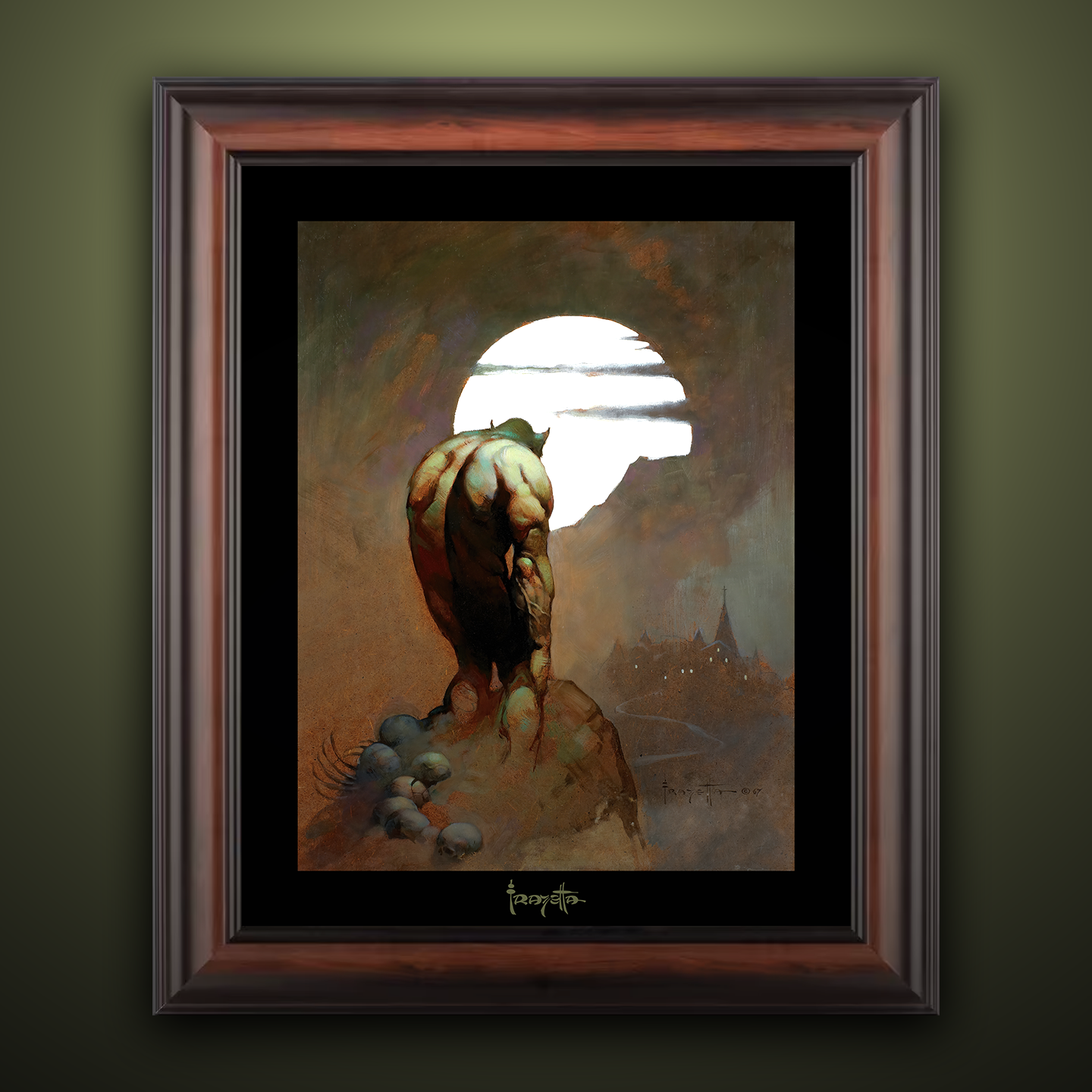 Framed Gallery Series print of "Night Stalker" by Frank Frazetta, emphasizing dark, moody visuals with black 1.5" matting.